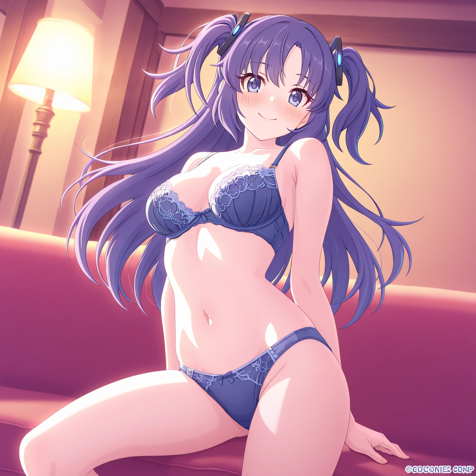  in full view、 in full view、Big Breasts、Blue 、 in full view、MiniskirtFullNude,lora \(dq5\),Long hair,half updo,white thighhig,1girl in, solo,  face to the viewer, Looking at Viewer, Smile,nighttime scene