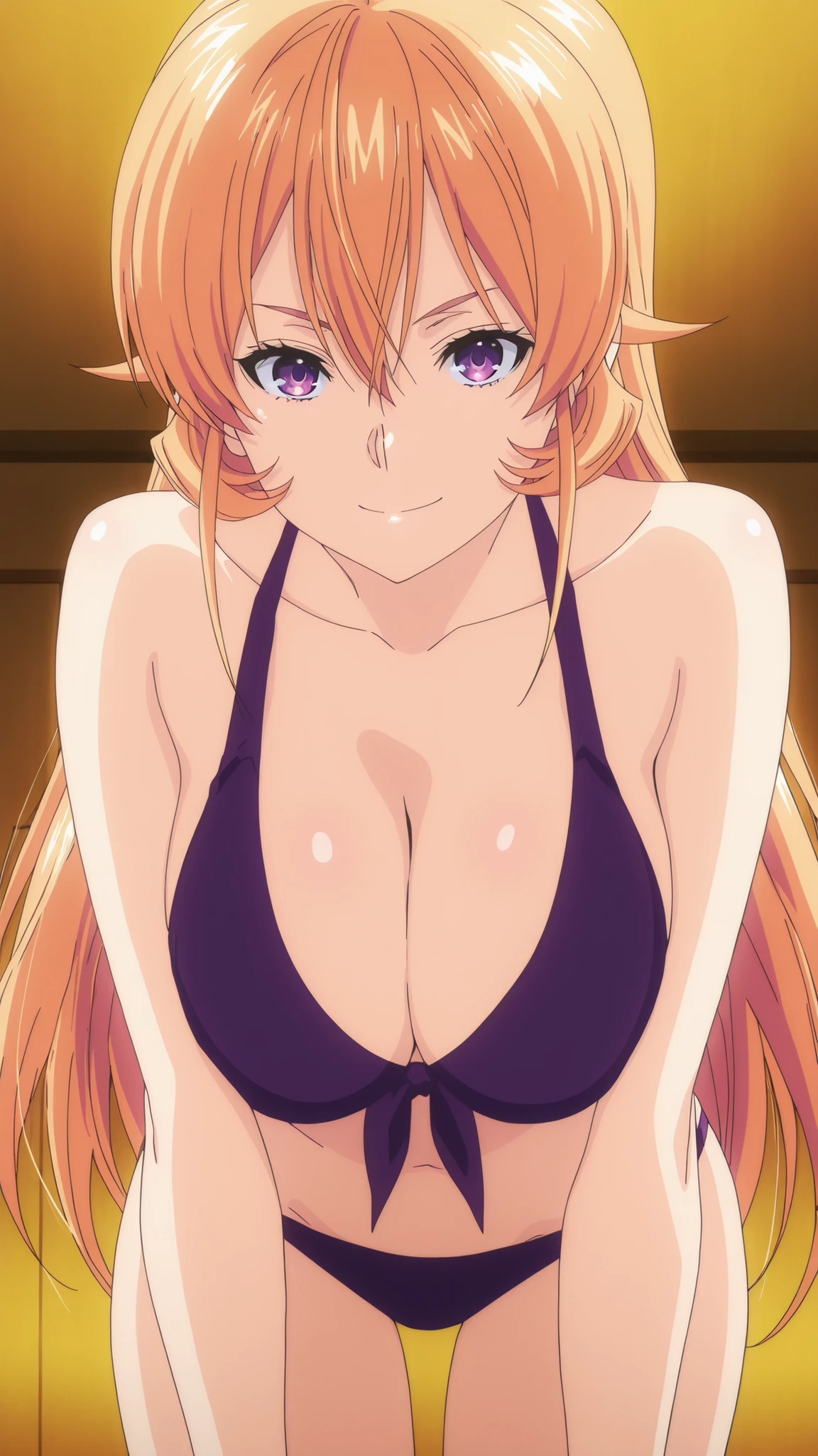 anime coloring, source_anime, hires image, masterpiece, best quality, newest, masterpiece, best quality, 4k, 1girl, long hair, orange hair, purple eyes, hair between eyes, swimsuit, bikini, cleavage, long hair, blonde hair, purple bikini, purple eyes, large breasts, front-tie top,,, smile