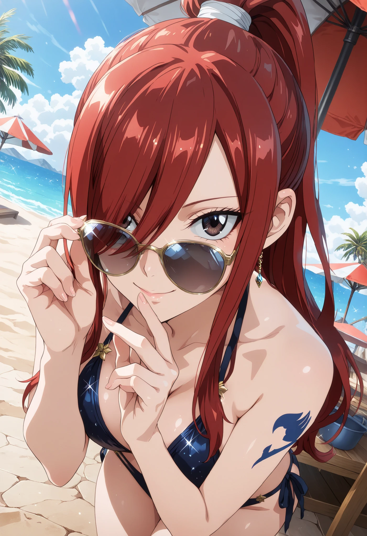 1girl, erza scarlet, long hair, red hair, hair between eyes, brown eyes, ponytail, hair over one eye, high ponytail, mature female, breasts, pretty eyes, detailed eyes, gradient eyes, crystal eyes, long eyelashes, beautiful eyes, beautiful face, perfectly symmetrical face, delicate and harmonious features, face with golden ratio, beautiful hair, realistic skin with natural texture, medium breasts, good anatomy, anatomically correct hands, five clearly defined fingers on each hand, seductive look, beautiful legs, standing, just wearing a black and blue bikini, leaning on a colorful red and white striped parasol providing partial shade, stylish sunglasses in her hair, paradisiacal beach, calm turquoise sea in the background, blue sky with few clouds, distant palm trees, tranquil and serene atmosphere, soft natural afternoon light, looking at the viewer, smiling, happy expression on her face, Dutch angle, Hyper-realistic rendering, ultra-sharp details, photorealistic masterpiece, HDR, 8k, (((anime art style))), hyper-detailed, (best quality: 1.3), glitter sparkles, beautiful eyes, detailed eyes, 8k