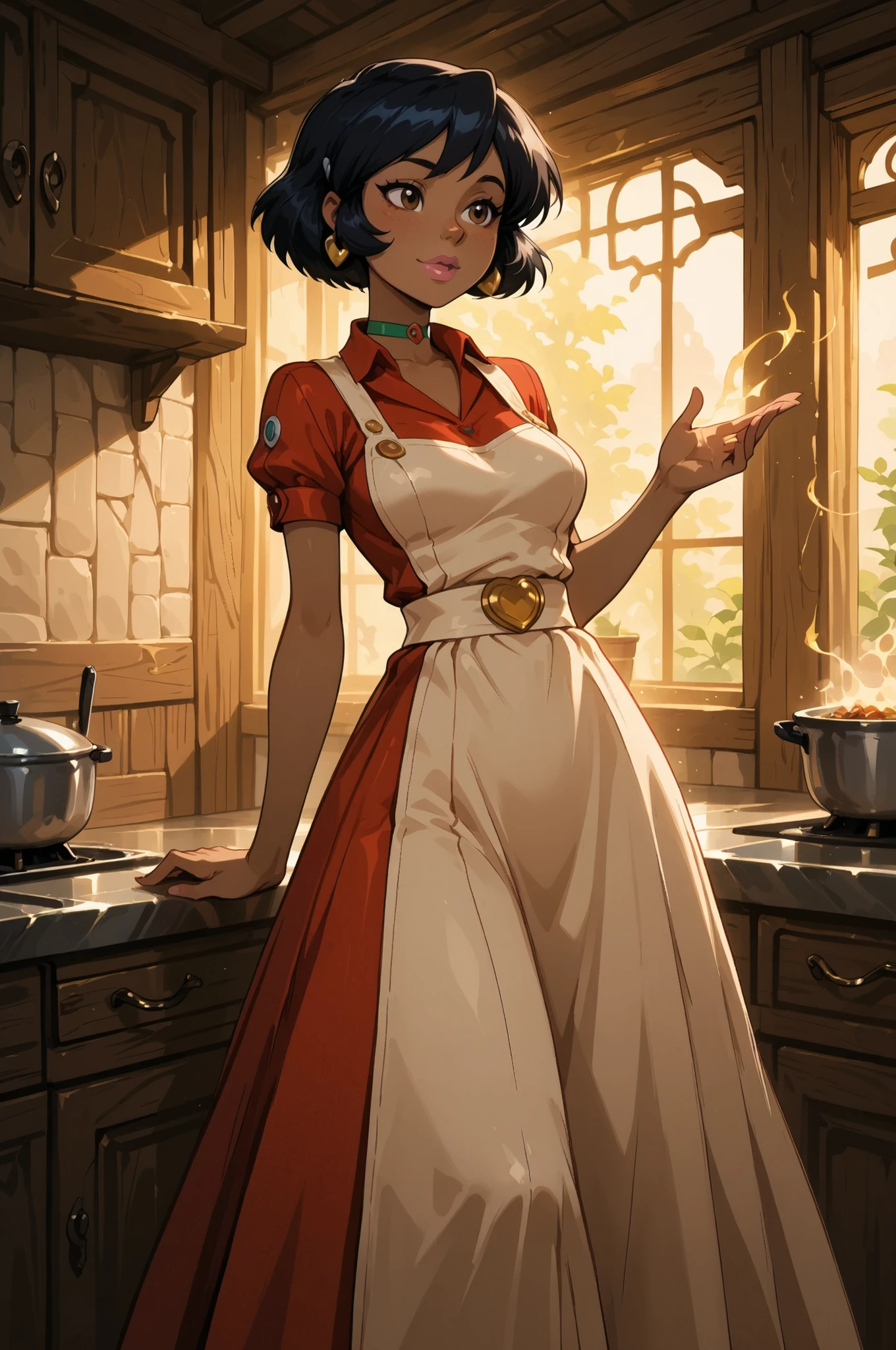  totally_spies_2k24 alex, black hair, short hair, brown eyes, dark-skinned female, pink lips, medium breasts, choker. | A mysterious figure — the Sealed God of the Kitchen. Though appearing as an ordinary person, they wield unimaginable culinary power. In a cozy kitchen setting: a rustic stove in the background, wooden shelves with spices, warm lighting. The figure wears a unique maid-style outfit in red and green tones, with a long flowing skirt. As they move through the kitchen, swirls of magical, colorful aromas rise around them — visible as shimmering waves of scent. Focus on the contrast between the simple kitchen environment and the supernatural aura. Detailed textures, vibrant colors, fantasy art style, soft glow effects.

