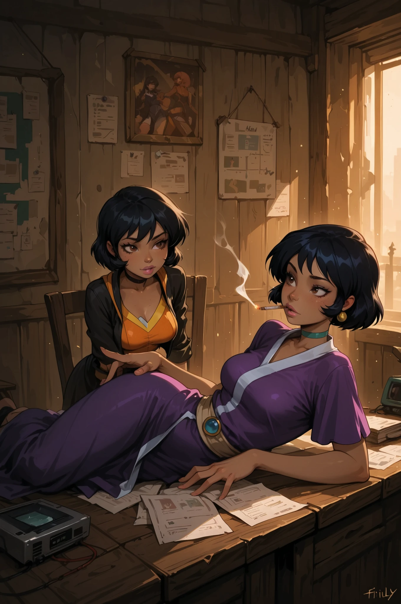  totally_spies_2k24 alex, black hair, short hair, brown eyes, dark-skinned female, pink lips, medium breasts, choker. | A covert secret base hidden in plain sight. Dimly lit room with rough concrete walls and a utilitarian vibe. In the center — a worn wooden table with an old CRT TV on top, flickering with static. Next to it, a simple chair with a person lounging in a long, slightly frayed terry robe. On the table: an ashtray overflowing with cigarette butts, a clutter of papers. On the wall — a bulletin board covered with pinned photos, maps, and scribbled notes connected by red strings. Mood: clandestine, slightly shabby, with a touch of eccentric charm. Warm amber lighting, high detail, realistic textures, cinematic composition.

