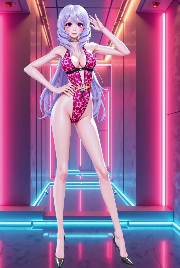 summer bb, fgo, (dark-skinned female, gyaru:1.1), solo, smile, purple eyes, long hair, purple hair, red hair bow, neck ribbon, slingshot , white gloves, barefeet, loli, squatting, arms behind head, armpits, pov, , small , small body