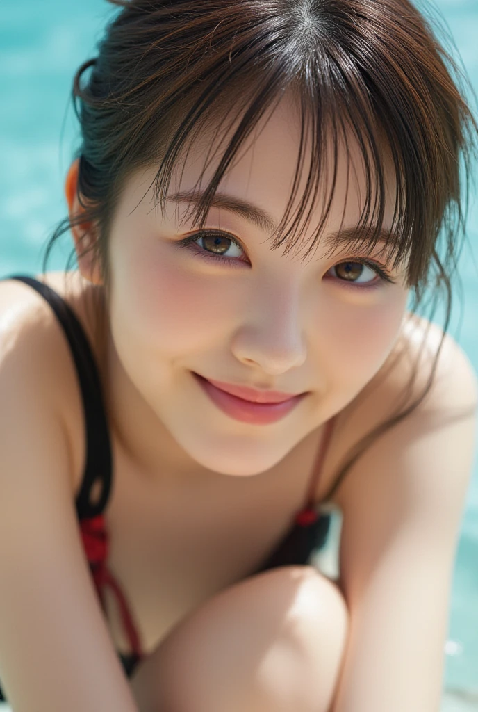 (masterpiece), (Highest quality), (Very detailed),(Disheveled Hair),(shape), (One Girl), (bikini), Are standing, Fashion Model, View your viewers, (interview), (Beach),Beautiful details, Delicate and beautiful face, floating,(High chroma),(Colorful splashes),Colorful bubbles,(The Shining), Focus on the face,  Hair Ring, Floating Flowers, Floating Hair, (The Shining), Best lighting, Best Shadow,