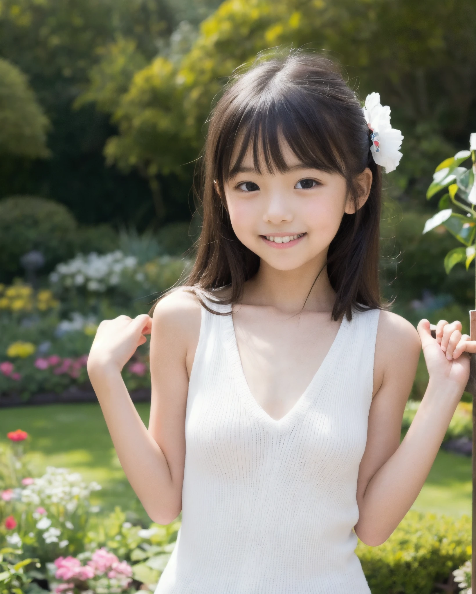 highest quality, High resolution, Realistic photo, Detailed skin texture, (Cute 8 year old Japanese girl wearing a short white camisole), (Flat ?????:1.5), To the camera, Slim figure, Fair skin, View your viewers, focus on face, (Face close-up:1.2), Straight long hair, In the park with cherry blossoms falling, (loli:1.2)