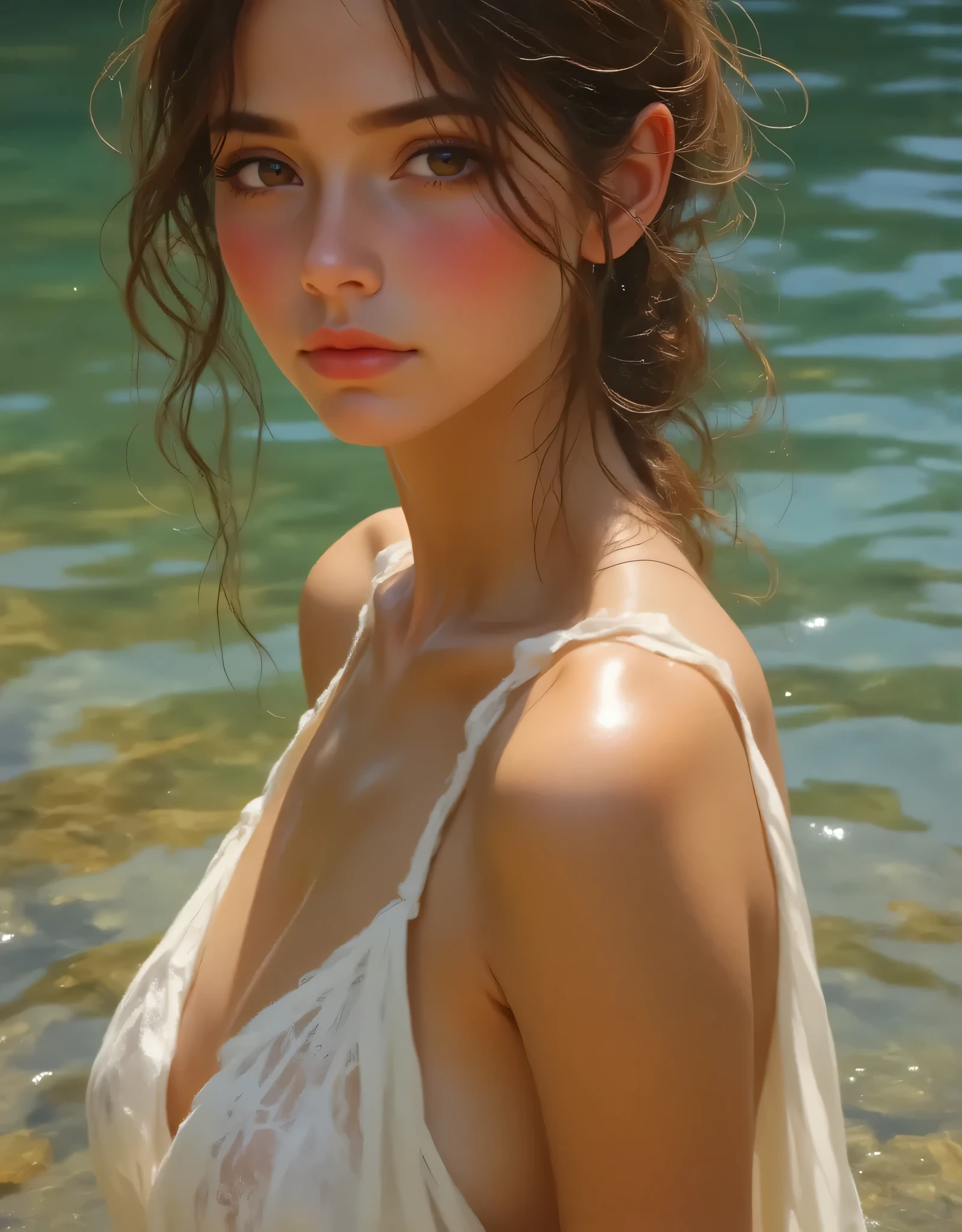 Using a Fujifilm GFX 100 camera and a Canon MP-E 65mm f/2.8 1-5x Macro Photo lens, this ultra-hyperrealistic, photorealistic, meticulously detailed, and colorful pictorial photograph was created. The shot was taken mid-morning. Realistic skin texture, beautiful PERUVIAN muse dressed as a half-naked virgin, white tunic with neckline, natural breast size D, bathing in a river, (((extreme beauty))), ((best quality)), ((master part)), (((ultra detailed))), high quality, intricate details, natural lighting, outdoors, (body posture, anatomically correct, no flaws),,