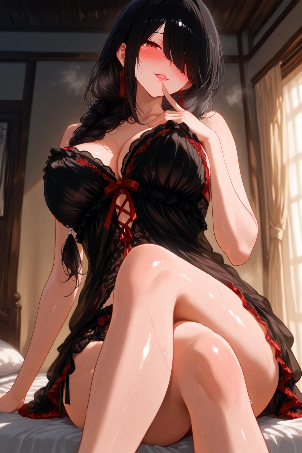(best quality,4k,8k,highres,masterpiece:1.2), ultra-detailed, (realistic,photorealistic,photo-realistic:1.37), red lace lingerie, black hair, with a side braid, ?????????????, dominant gaze, aroused, beautiful detailed eyes, long eyelashes, lying on the bed, ???? pose, domination