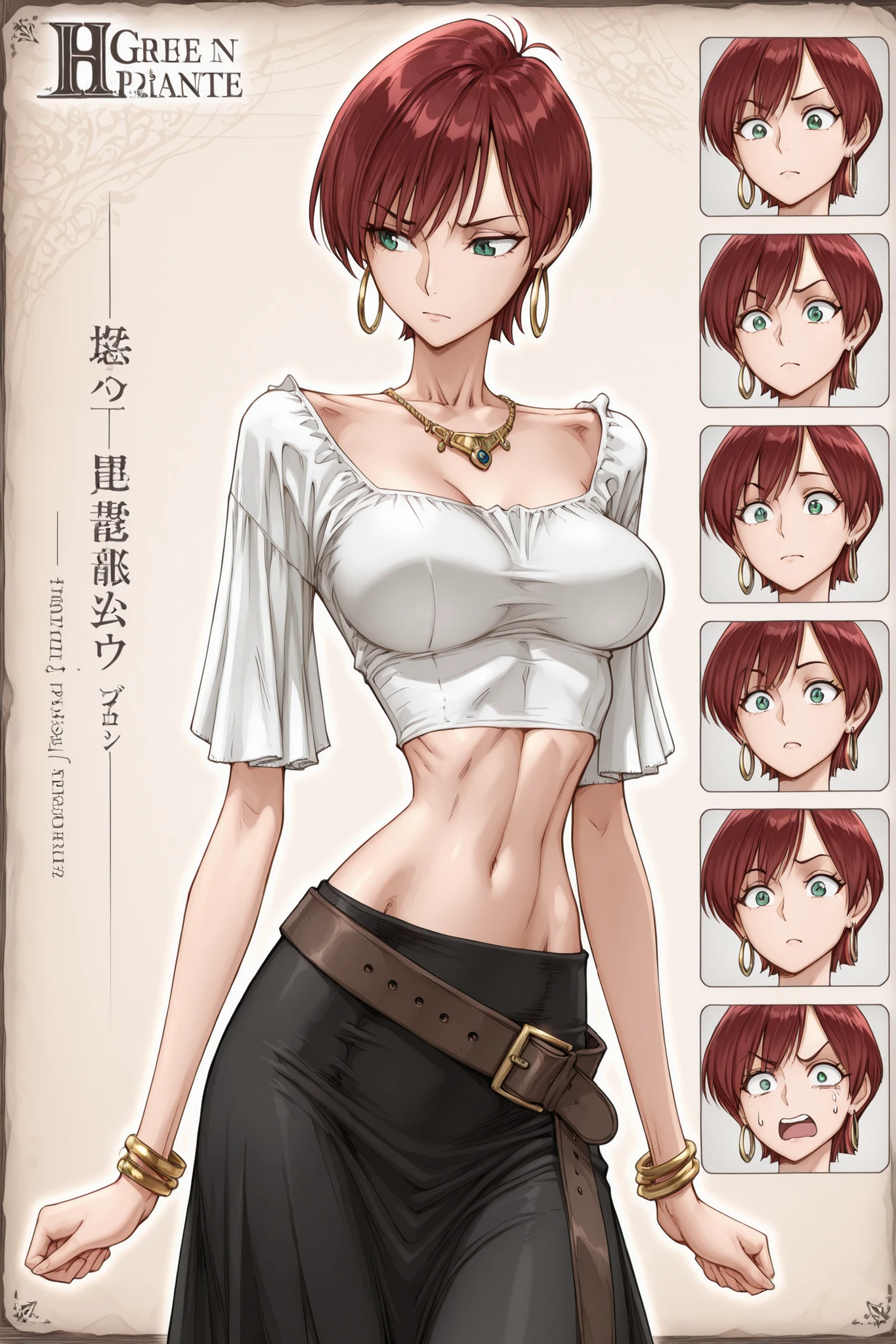 masterpiece, Best Quality,great quality, highest score ,  doujin style illustration, short hair, 1 girl, dark red hair, bigger breasts,  green eyes, midriff, Chest,、 medium breasts, black skirt, white pirate blouse, wide belt, slender body, skinny, gold necklace, gold bracelets, hoop earrings,  body oil, eye shadow, expressions, movement lines