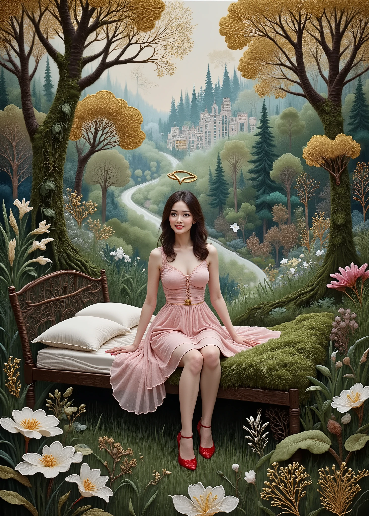 (Jean=Contemporary Abstract Oil Painting Design by François Millet ,masterpiece, high quality, high image quality, and high precision, Photorealistic),fairy tale scene、Deep in the Forest、cute woman、(On the Midori Grass、1 angel sitting on a mossy wooden bed、sexy、on the side、)、has a heart-shaped angel ring floating above her head、red high heels、fairy tale、Fantastic Scene。