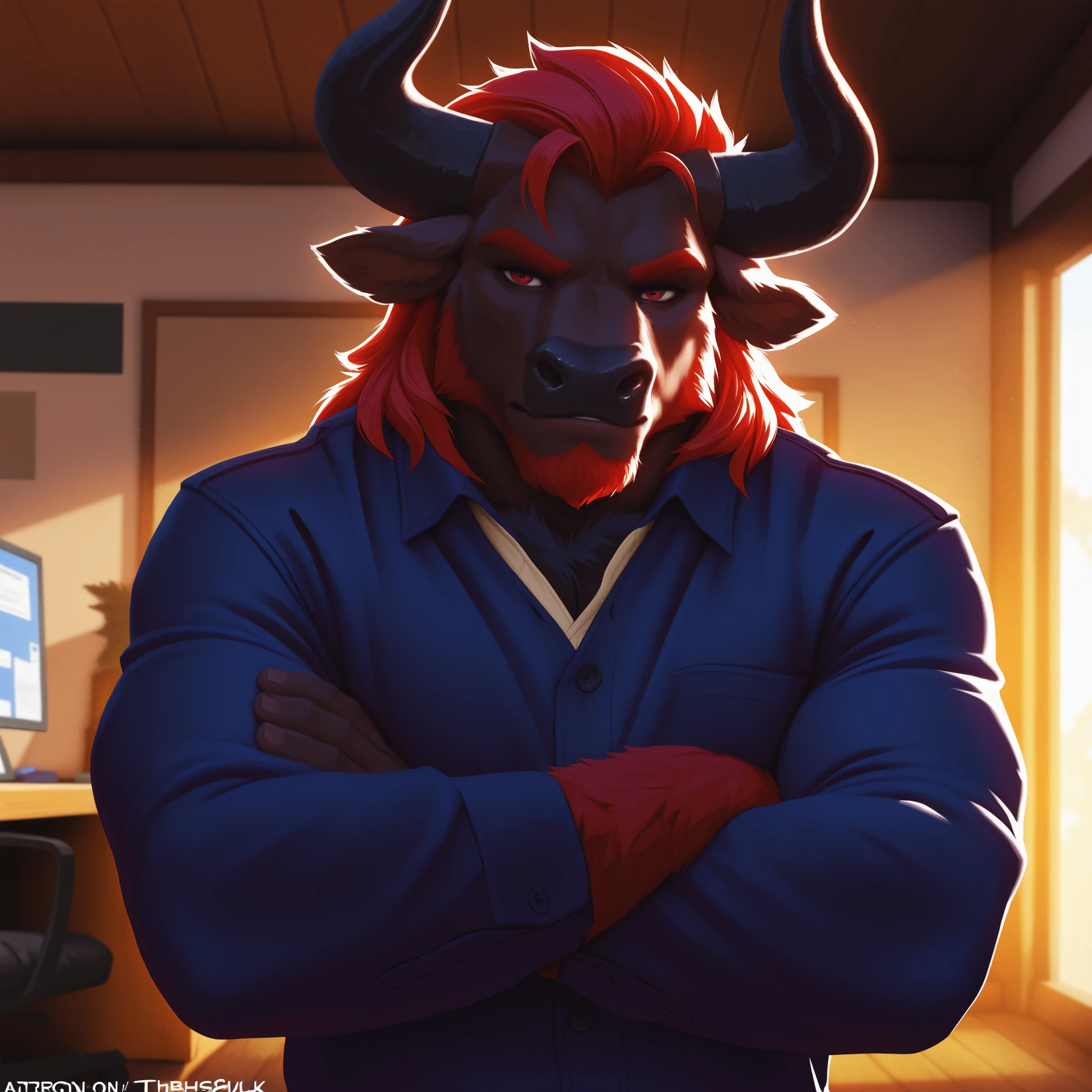 solo, breath (ultra detailed), a beautiful and detailed full size portrait of a male anthro batzz, demon lord dragon batzz, dragon tail, green eyes, glowing eyes, black body, black skin, long hair, red hair, horns, scar, tail, bedroom eyes, detailed eyes, big body, body, (wide body). goddess, kenket, Ross Tran,ruan jia, trending on artstation,foxovh, cenematic lighting, buff, big pecs, muscular anthro, spike arms, strong legs, ((big pecs, , big pecs, blue shorts, bulge))), day, wet, front view, high angle view, lying down, big , blush, angry, , , vip, bed, sweating,