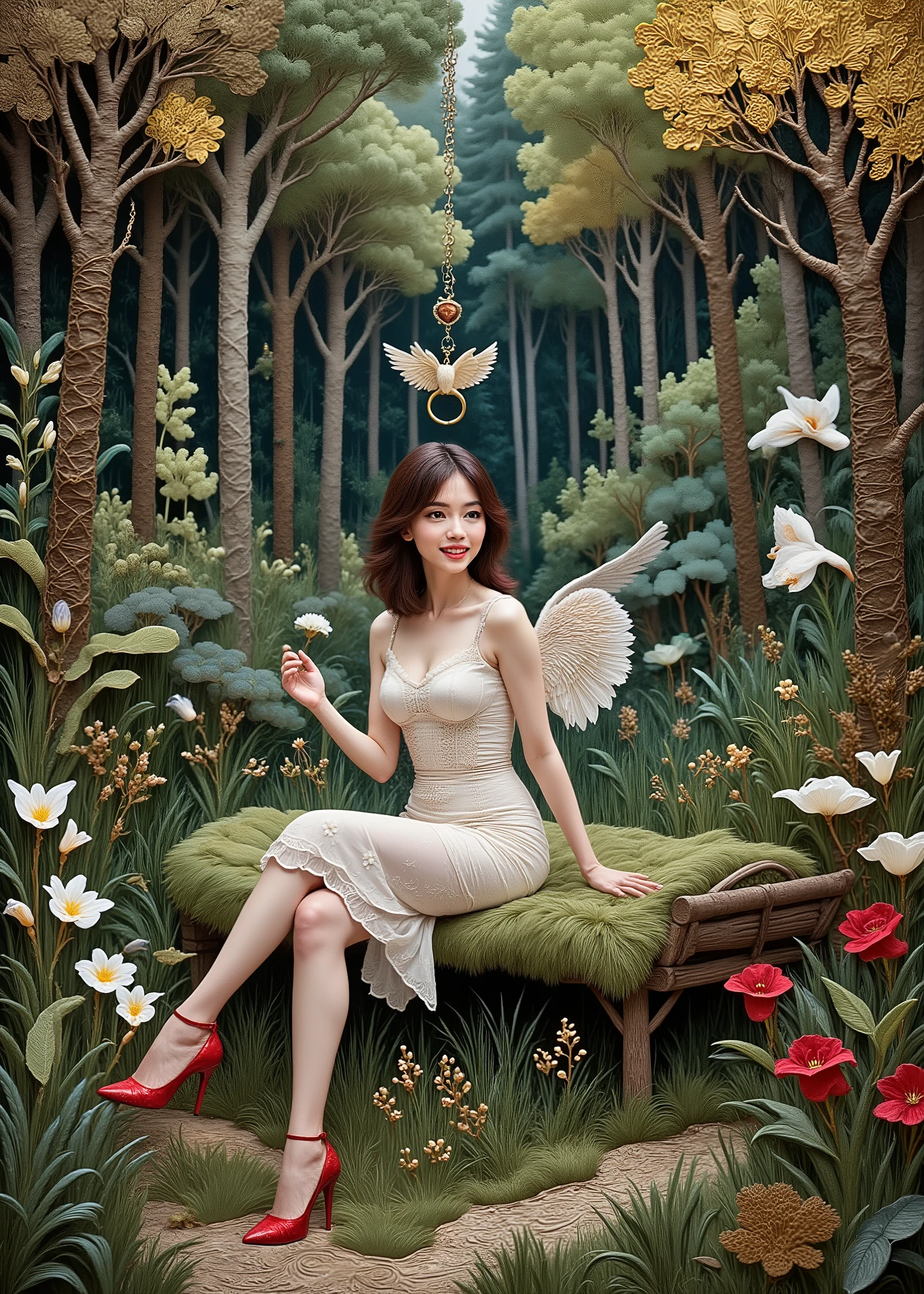 (Jean=Contemporary Abstract Oil Painting Design by François Millet ,masterpiece, high quality, high image quality, and high precision, Photorealistic),fairy tale scene、Deep in the Forest、cute woman、(On the Midori Grass、1 angel sitting on a mossy wooden bed、sexy、on the side、)、has a heart-shaped angel ring floating above her head、red high heels、fairy tale、Fantastic Scene。