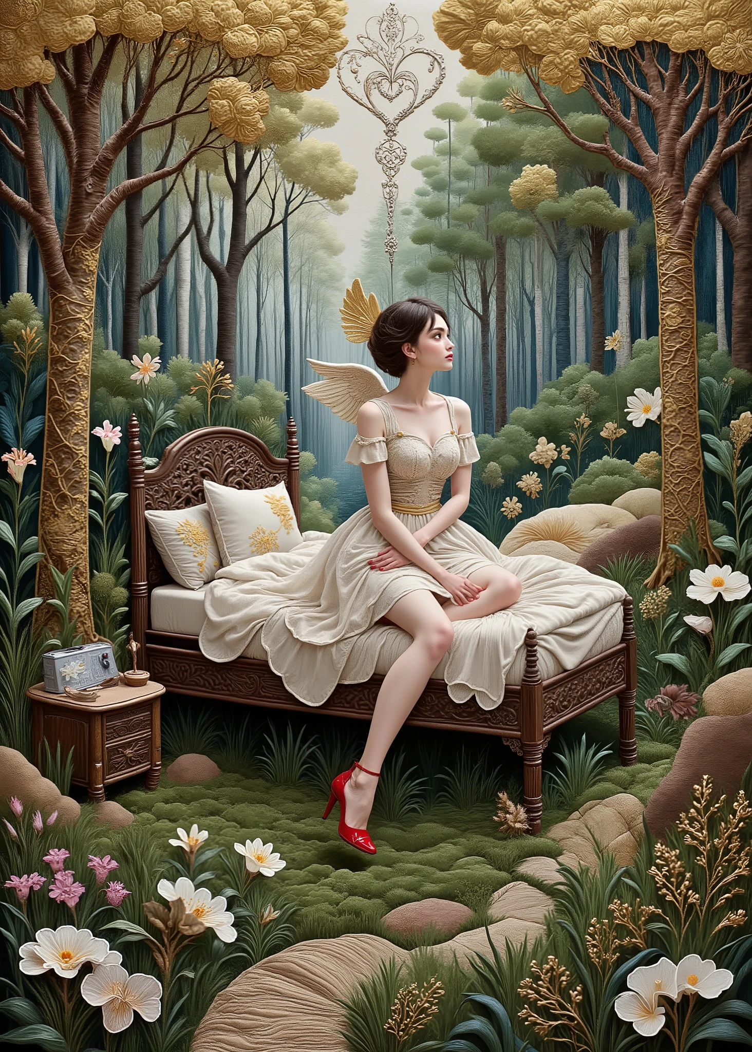 (Jean=Contemporary Abstract Oil Painting Design by François Millet ,masterpiece, high quality, high image quality, and high precision, Photorealistic),fairy tale scene、Deep in the Forest、cute woman、(On the Midori Grass、1 angel sitting on a mossy wooden bed、sexy、on the side、)、has a heart-shaped angel ring floating above her head、red high heels、fairy tale、Fantastic Scene。