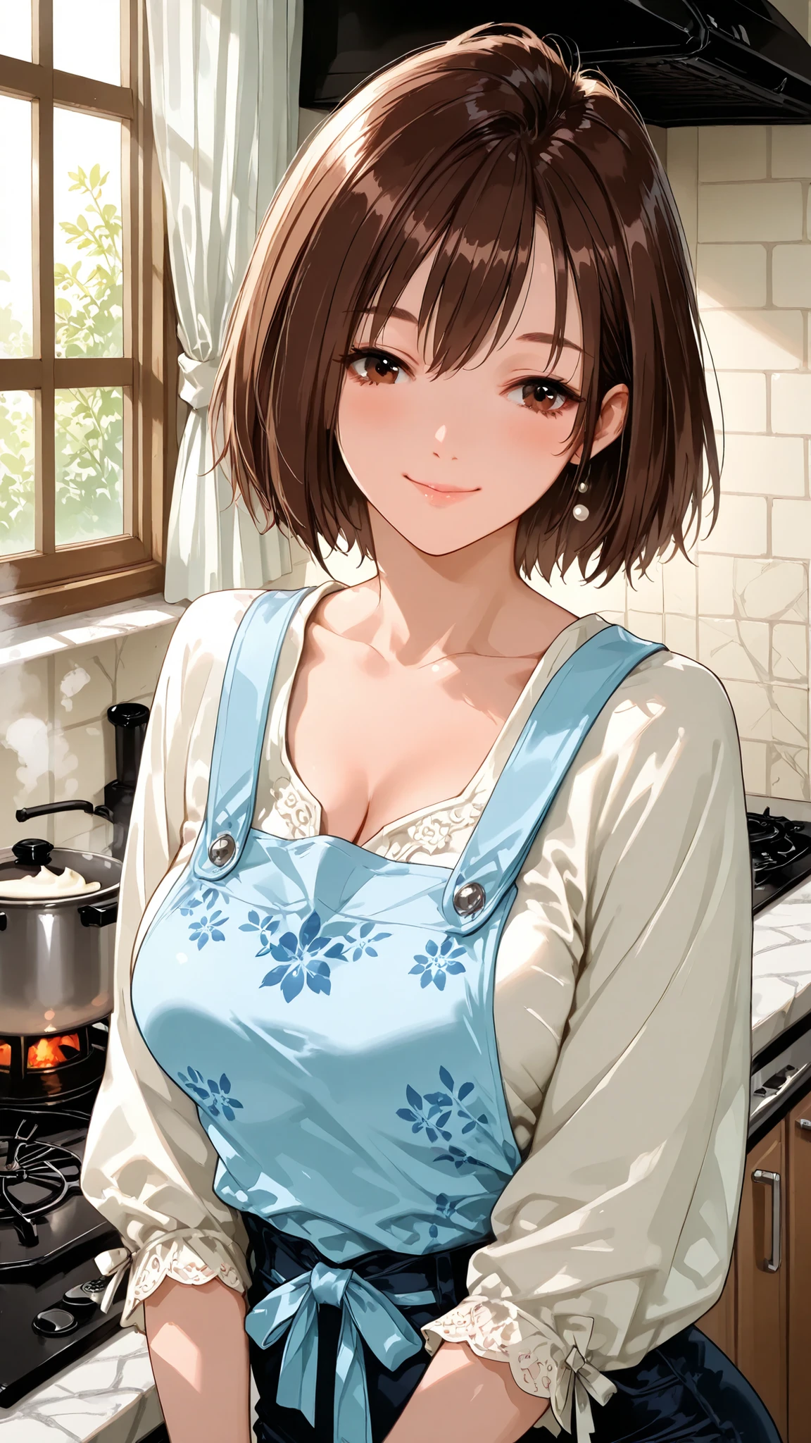 solo, Mizuho, brown hair, short hair, brown eyes, medium breast, mature woman, Tight waist、Small waist、shiny Skin , (upper body), sexy, score_9, score_8_up, score_7_up, source_anime,(extremely detailed CG), (best quality), (adult woman, 25+), platinum blonde hair, A middle-aged Japanese mother with a gentle smile, wearing a light blue cotton apron with tiny floral patterns over a simple cream-colored blouse and dark navy trousers. She is stirring a pot on a gas stove in a bright, sunlit kitchen. Wooden cabinets, marble countertops, and a window with sheer white curtains. Soft natural lighting, warm cozy atmosphere, detailed fabric textures, realistic skin tones, 8k resolution, photorealistic style.