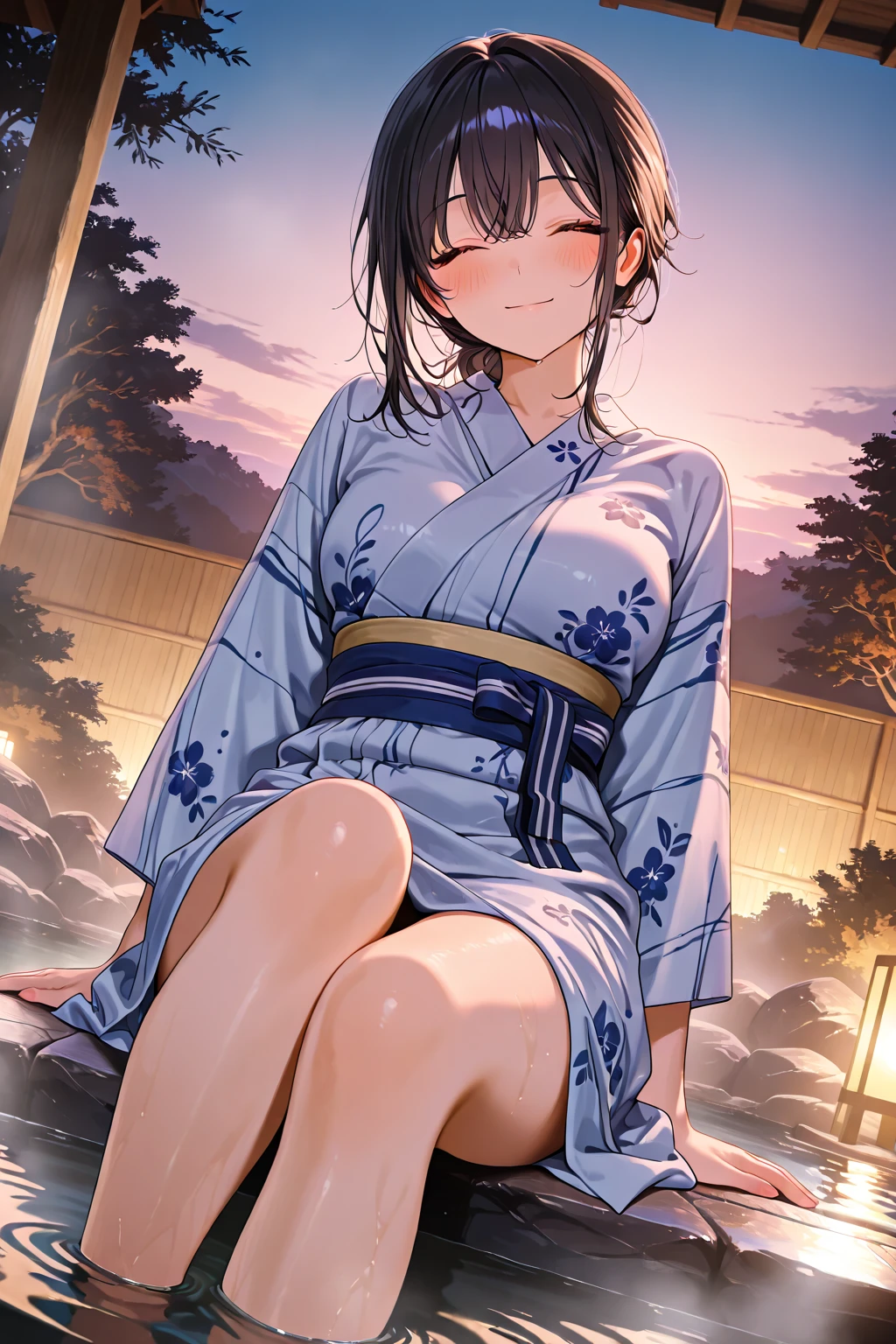 looking at the camera、tatami、Background dark room、Woman in yukata、Lying on the floor、Leg spread、Front image