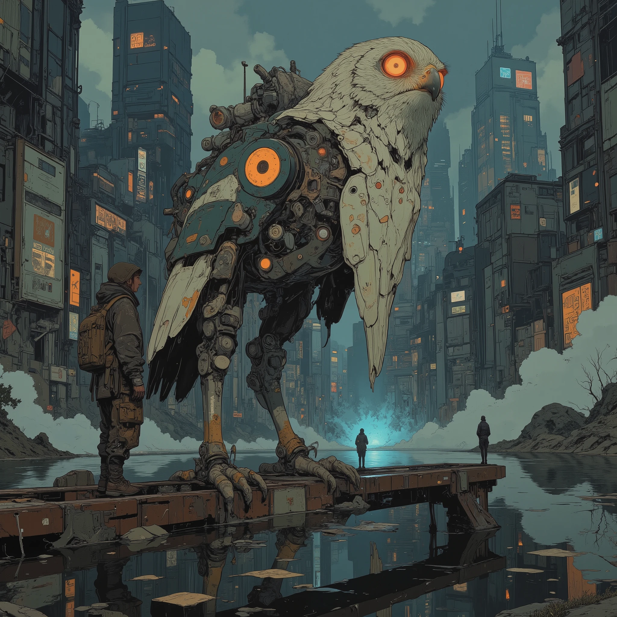 (masterpiece, best quality), illustration style, post-apocalyptic scene, a cyber-owl in the foreground, mechanical joints, perched confidently on a rusted girder above dark floodwater, reflections of its lights shimmering on the surface, next to it a lone traveler young man in rugged gear, equipped with a compact rifle, standing slightly behind as its companion, ruined futuristic city partially submerged, collapsed skyscrapers and broken bridges half-sunk, mist rising from stagnant water, dramatic lighting with subtle highlights on the robot, cinematic focus emphasizing the robot as the centerpiece