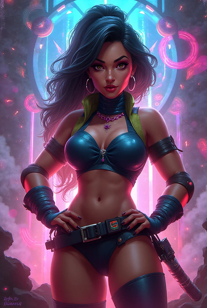 Masterpiece, Excellent, 1girl, solo, complex details, color diffusion, comic book, anime, marvel, DC, catgirl, dark skin, ebony, brown skin, dark-skinned female, thighs, cat ears, dark hair, black hair, braids, dreadlocks, braided hair, purple eyes,  attire, epic attire, assassin, badass, deadly but sexy, trending, demon, goddess, Super Villain