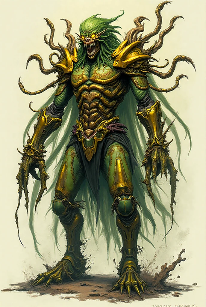 Strong, muscular villain with a fungus-covered body and a decaying appearance, like putrefaction and dead flesh. Evil and soulless look