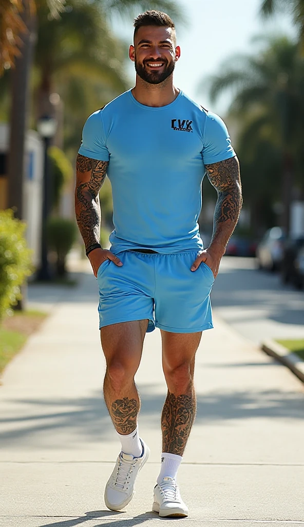  Masculine muscular  hunk man with very short hair, tattoos, wearing a , tight jeans, heels, earrings and makeup 