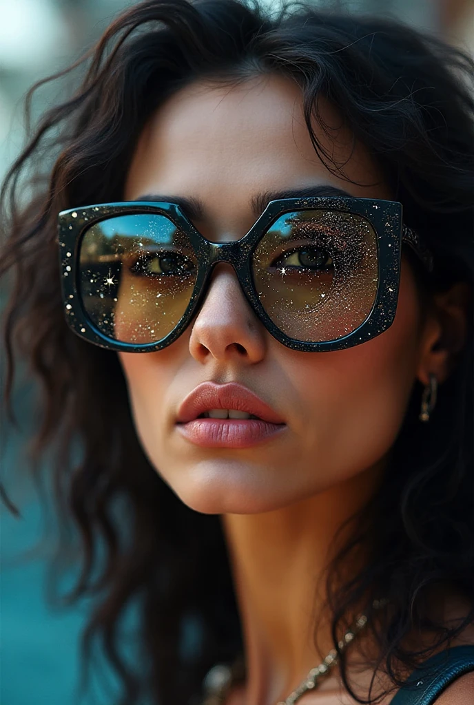 The model is wearing glass sunglasses with stars and the moon on the ...