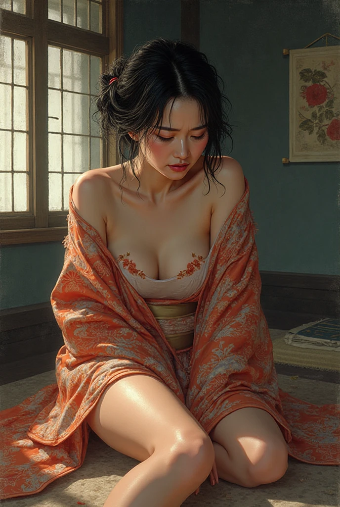 A woman is lying down in a traditional Japanese room as it is time to sleep.The room is fitted out with traditional fittings such as tatami, shoji and fusuma, and is illuminated by the soft, warm light of a fire. Wrapped in a thin_black_gauze_kimono, she is preparing to lie down, facing the viewer. The thin_black_gauze_kimono she has only put on to sleep does not completely hide her body lines, revealing her ample, shapely  and part of her long, slender legs. Faintly lit by the light of the small fire, her body lines are elegant, beautiful and exotic. The scene is filled with affection, motherhood and charm, as if she is about to snuggle up to rest peacefully at the end of the day.