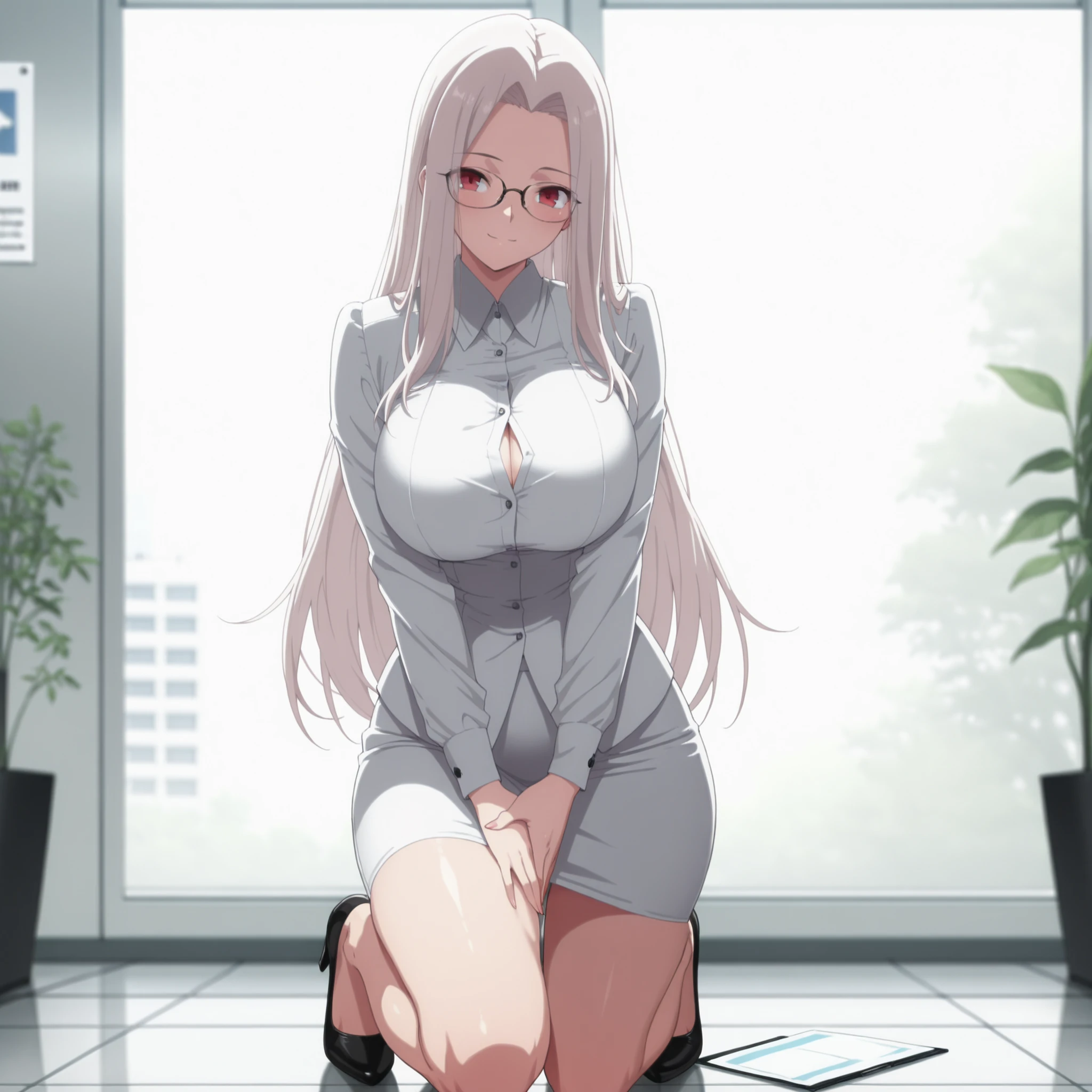 4k,masterpiece, highly detailed,solo, woman, voluptuos body, , soft smile, red eyes, tight office outfit ,glasses, front shot, full body pose,