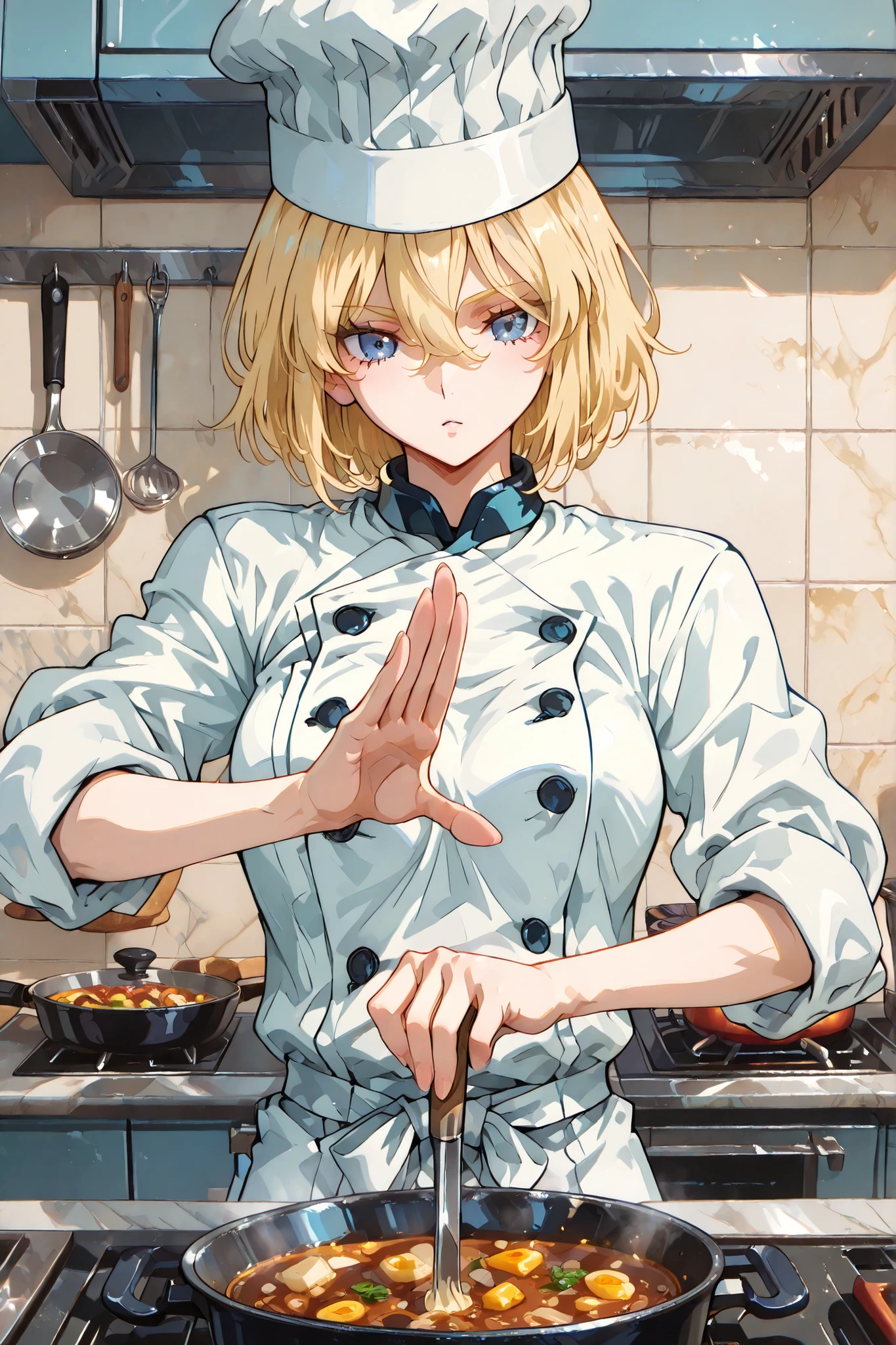 ((perfect hands with five fingers for hand)),,Kitchen God of cooking, 748cmstyle,perfect anatomy, masterpiece,  Illustration, ultra details, fine trait, best quality, ultra detailed, 1girl (chef-girl), chef-clothes, cooking-hat, dynamic cooking delicious food, in the kitchen, , very short blonde hair, , , nice anime blue eyes, dynamic pose, indoor delailed kitchen with pans and pots and various food.

