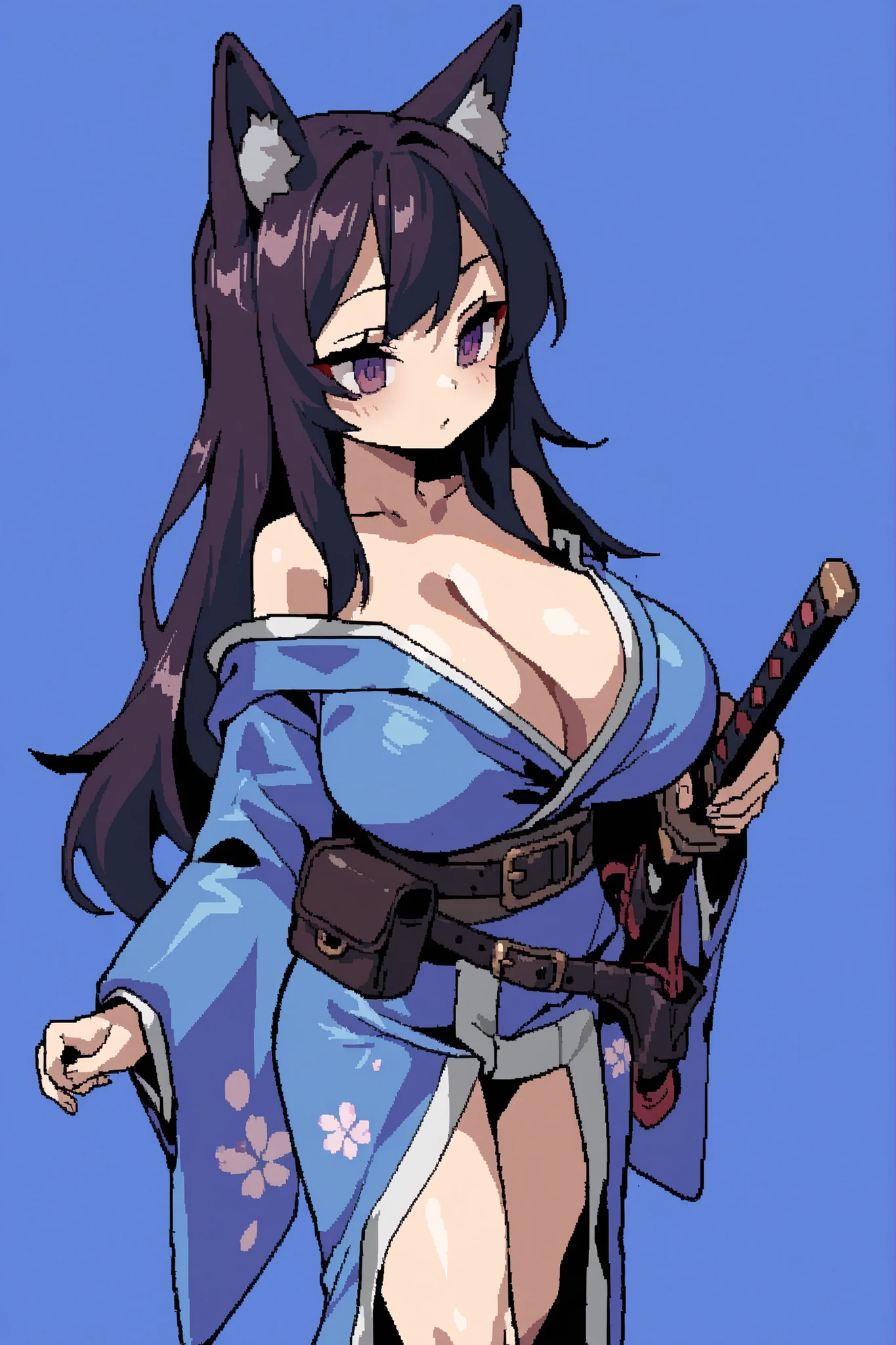 tamada heijun style ,young girl, fox ears, long hair, dark hair, oppai loli, kimono, katana, belt satchel, blue simple background, ncleavage