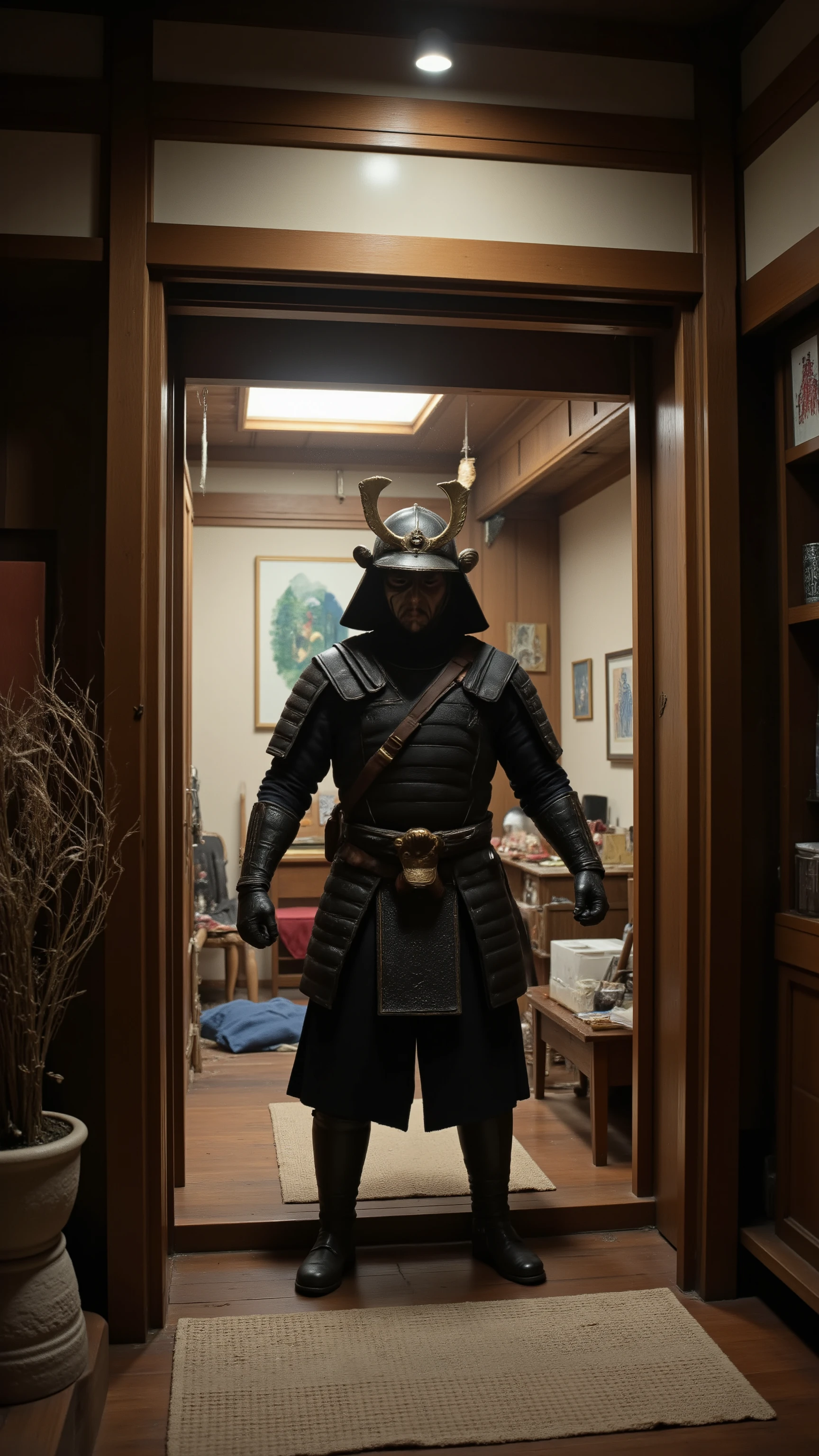 highdefinition picture、Inside a samurai house、赤いninja appears from inside the hidden door、