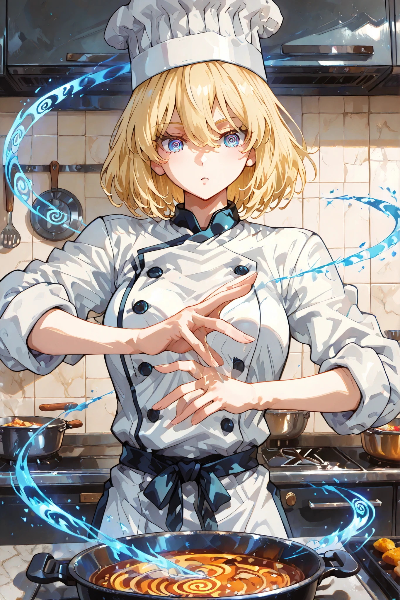 spiral, spiral streak, spiral energie, spiral magic, spiral around body,((perfect hands with five fingers for hand)),,Kitchen God of cooking, 748cmstyle,perfect anatomy, masterpiece, Illustration, ultra details, fine trait, best quality, ultra detailed, 1girl (chef-girl), chef-clothes, cooking-hat, dynamic cooking delicious food, in the kitchen, , very short blonde hair, , , nice anime blue eyes, dynamic pose, indoor delailed kitchen with pans and pots and various food.