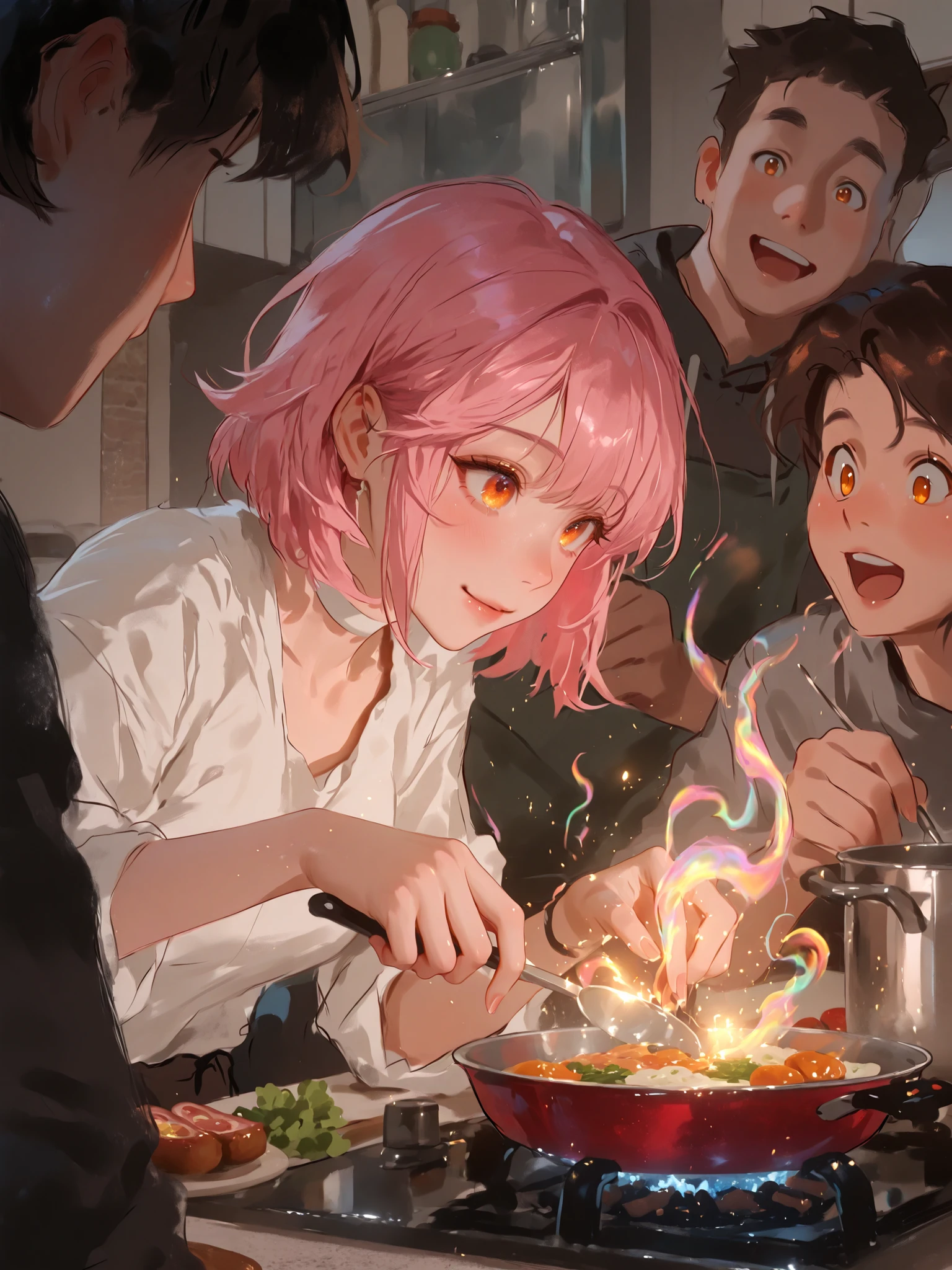 A photo-realistic or soft painterly 2D art. A young woman in her 20s with a pink shaggy short bob haircut and deep vivid orange eyes is cooking in a cozy, ordinary kitchen. Although everything looks normal, as she cooks, the ingredients subtly emit delicate glows, swirling color patterns, or waves of flavor as she stirs and slices. No supernatural beings—only her intense focus, gentle smile, and magical aura of concentration hint at her extraordinary talent. The finished dish shines with understated brilliance, and nearby people are awestruck at the taste, reflected in their amazed expressions. Ethereal, dreamy, yet grounded atmosphere. No text in the image.