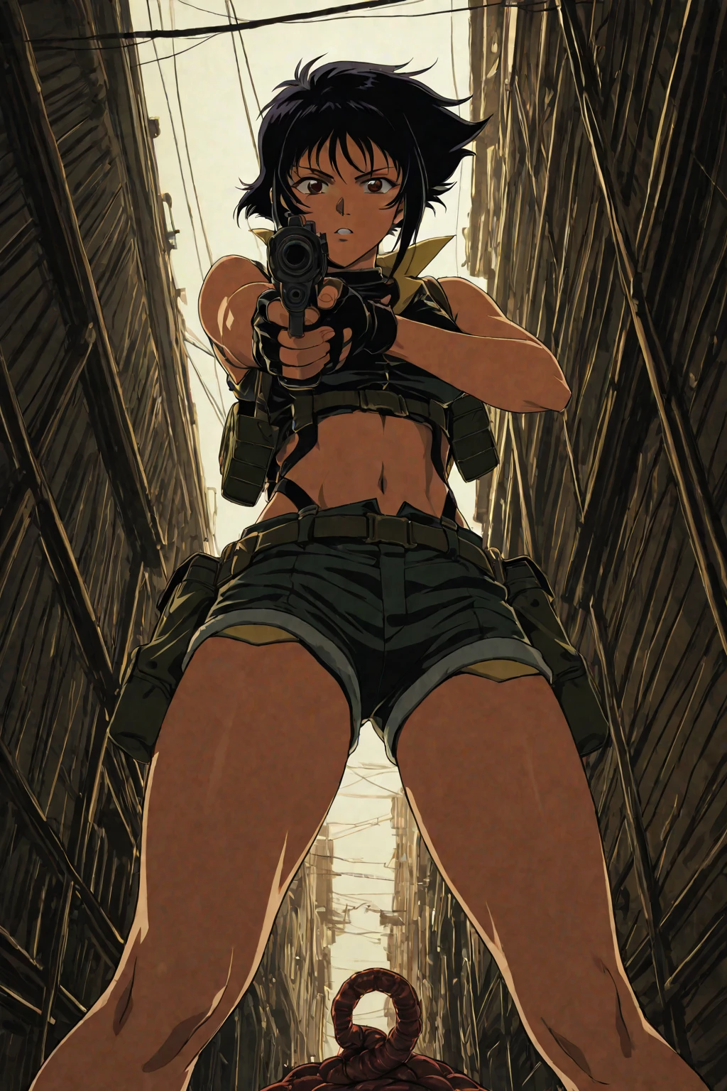 masterpiece, best quality, anime 1990s \(style\, leona heidern,  , fully open vest,  pants ,jungle, pony tail, wet, serious, gloves,,  