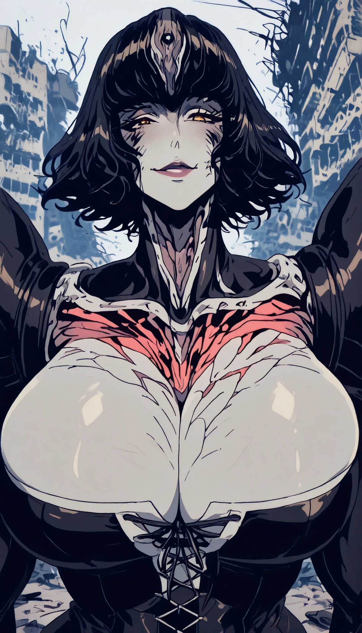 High Quality, masterpiece, super high resolution bewitching female monster girl, Confident Expression, half-open lips, Glamorous Eyes, Mysterious Smile, supple body line, Soft Focus Effect, Flushed skin, Glamorous Expression, 色っぽいhalf-open lips, Fractured Chest, gaze effect concentrating on the chest, thick muscular thighs, thin waist, curvy hips, thicc woman, upper body, destroyed city in background, upper body, face focus, wearing top