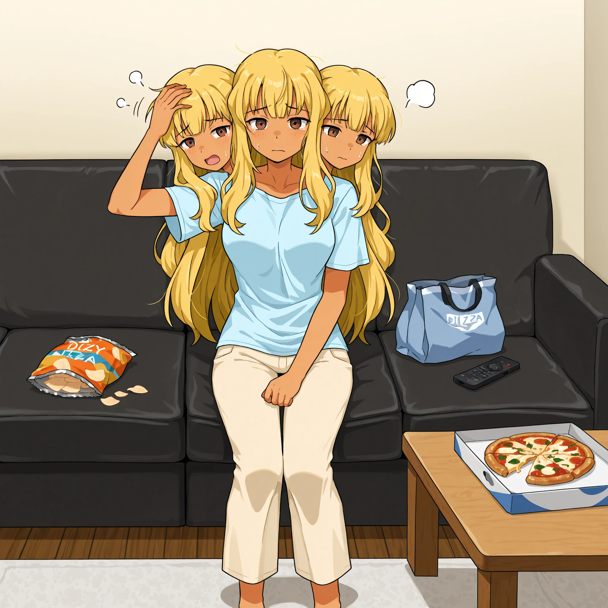 conjoined, anime girl with three heads, weary, headache, hangover, in pain, dizzy, long blond hair, brown eyes, tan skin, eyes half open, light blue t-shirt, tan pants, sitting on an apartment living room couch, coffee table in front of the couch, empty pizza box, remote control, half-eaten bag of chips, solo