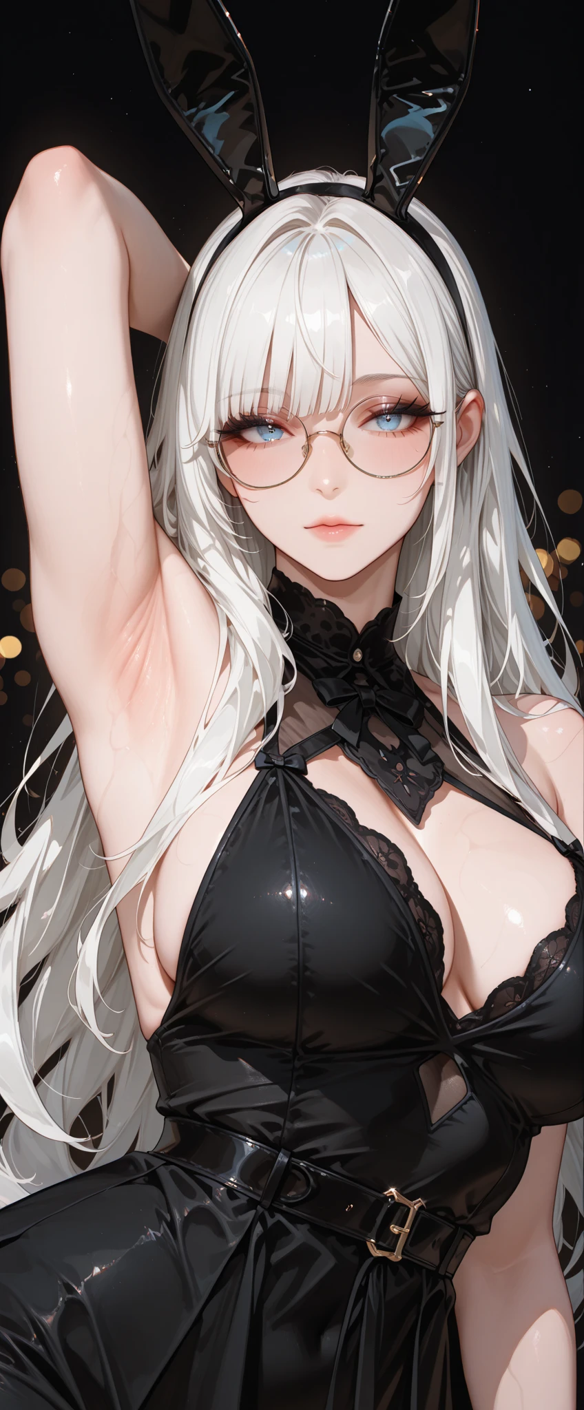 (UHD, retina, masterpiece, accurate, anatomically correct, textured skin, super detail, high details, high quality, best quality, high res, 1080P, HD, 4K, 8k, 16k), (beautiful detailed blue eyes, beautiful detailed lips, extremely detailed eyes and face), studio lighting, physically-based rendering, vivid colors, (large  , glamorous body), (see through dress), (portrait, side cut, shiny hair, shiny skin, blush), (bokeh), eye reflection,, dark atmosphere, highly detailed skin texture, extreme details, , dark tanned skin, freckles,, ultra detailed skin texture, soft lights,pale skin, glasses 