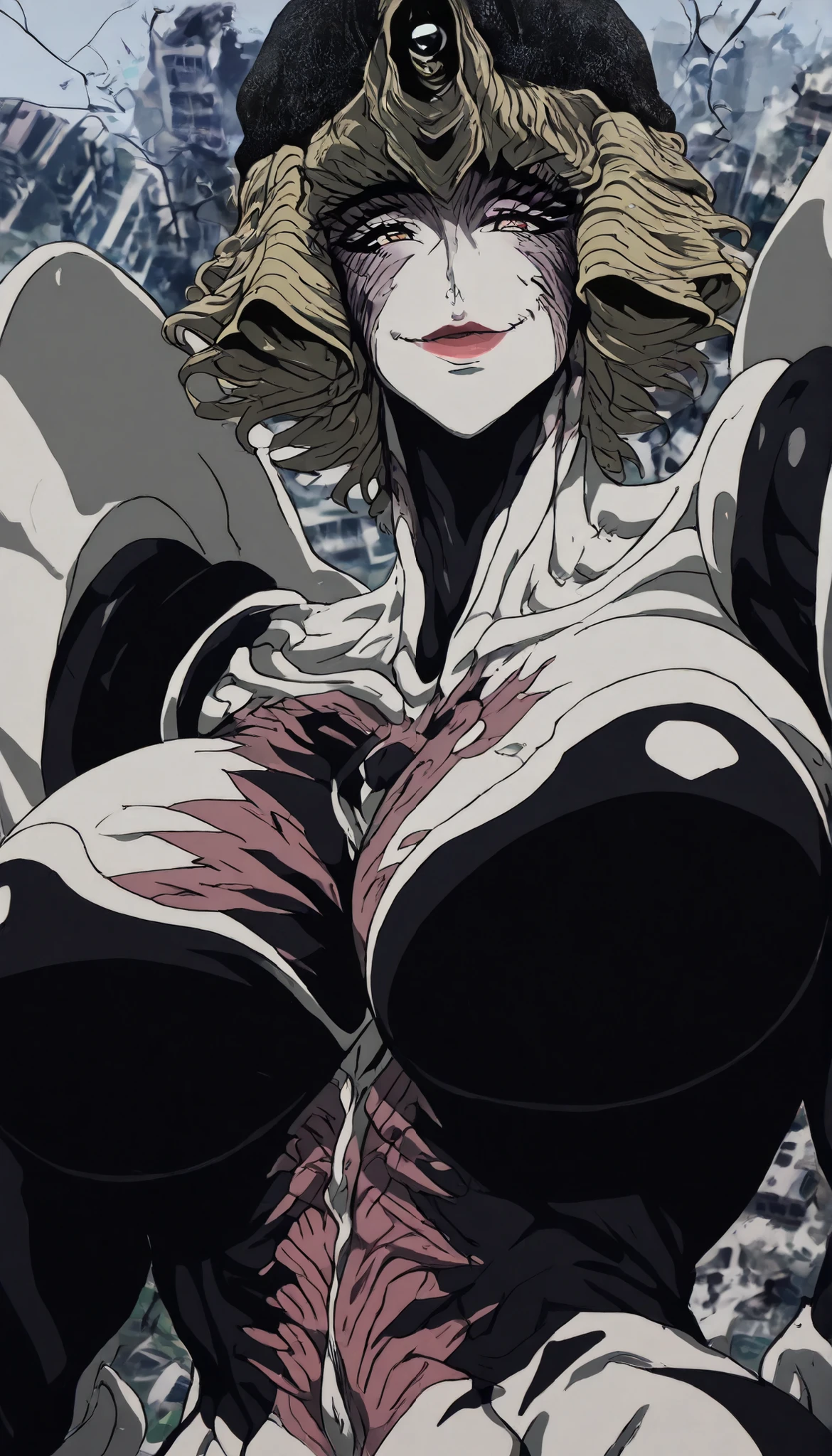 High Quality, masterpiece, super high resolution bewitching female monster girl, Confident Expression, half-open lips, Glamorous Eyes, Mysterious Smile, supple body line, Soft Focus Effect, Flushed skin, Glamorous Expression, 色っぽいhalf-open lips, Fractured Chest, gaze effect concentrating on the chest, thick muscular thighs, thin waist, curvy hips, thicc woman, upper body, destroyed city in background, upper body, face focus, wearing top