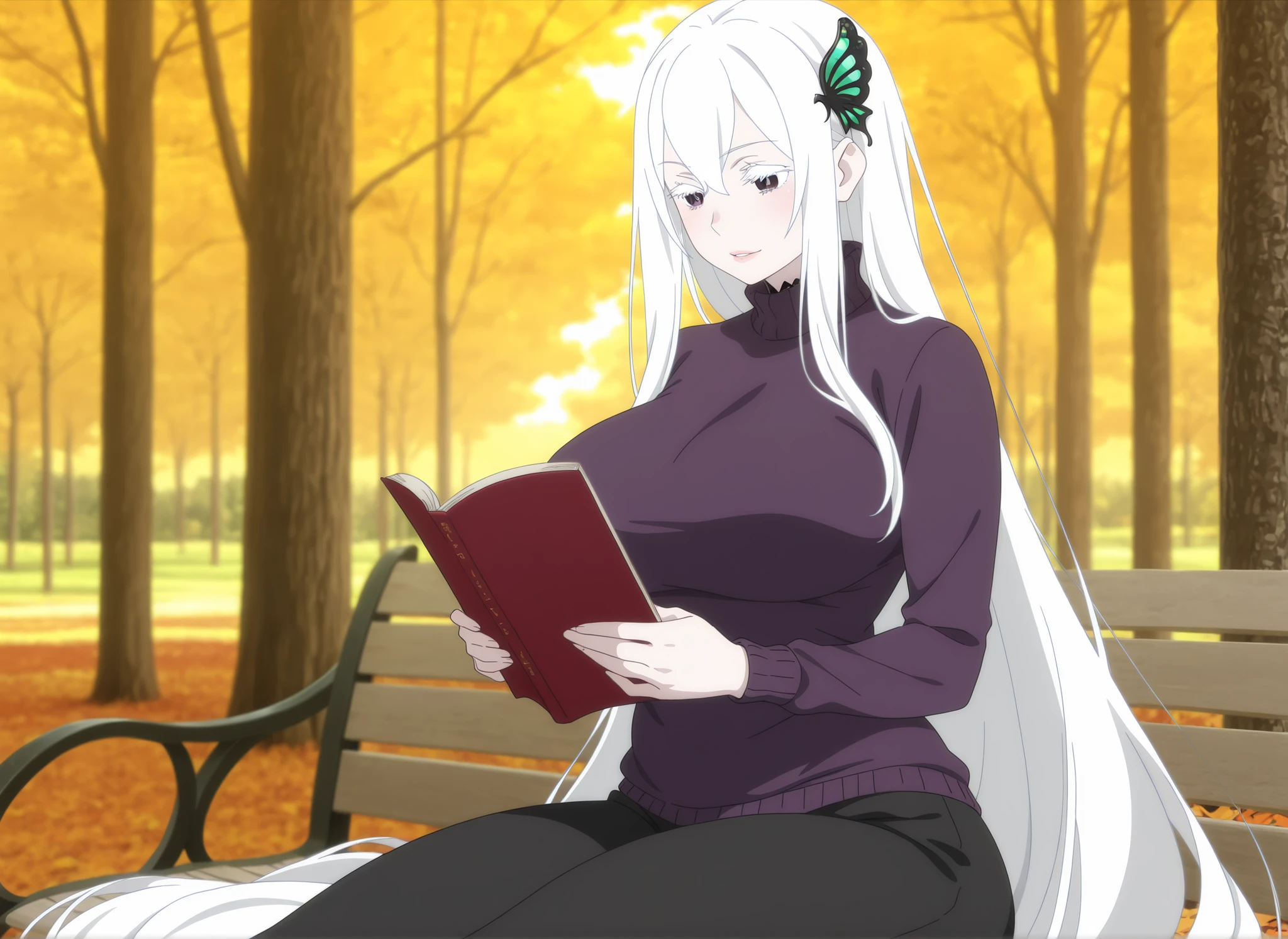 anime screencap, anime coloring, detailed face, masterpiece, best quality, very aesthetic, absurdres, volumetric lighting, echidna, 1girl, adult female, milf, motherly, medium head, pale skin, absurdly long hair, white hair, butterfly hair ornament, open eyes, hair between eyes, bangs, white eyelashes, attractive face, strict attributes, ractical body shape, glamorous bodies, attractive bodies, fit bodies, motherly, lips, big Curvy, Slutty, Neat, big breast, big hips, thick thighs, Toned thighs, big thighs, high body, ((purple turtleneck sweater, black pants,)), both holding Bible jesus cross book, reading, looking at books, standing , sitting on a park, cowboy shot , autumn , scenery , forest , tree , day , photo background , sunset, blurry background,