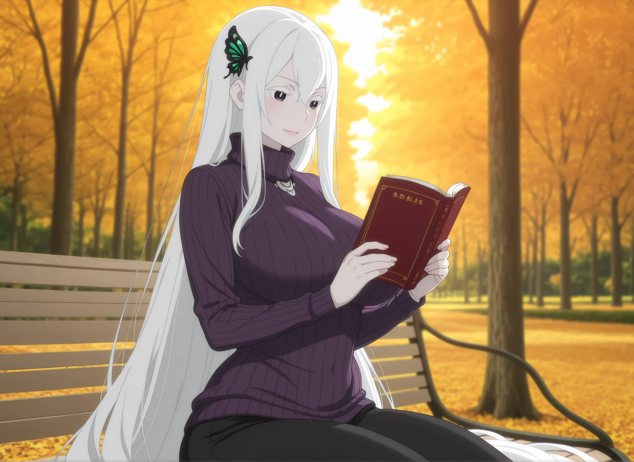 anime screencap, anime coloring, detailed face, masterpiece, best quality, very aesthetic, absurdres, volumetric lighting,  echidna, 1girl, adult female, milf, motherly, medium head, pale skin, absurdly long hair, white hair, butterfly hair ornament, open eyes, hair between eyes, bangs, white eyelashes, attractive face, strict attributes, ractical body shape, glamorous bodies, attractive bodies, fit bodies, motherly, lips, big Curvy, Slutty, Neat, big breast, big hips, thick thighs, Toned thighs, big thighs, high body, ((purple turtleneck sweater, black pants,)), both holding Bible jesus cross book, reading, looking at books, standing , sitting on a park, cowboy shot , autumn , scenery , forest , tree , day , photo background , sunset, blurry background,