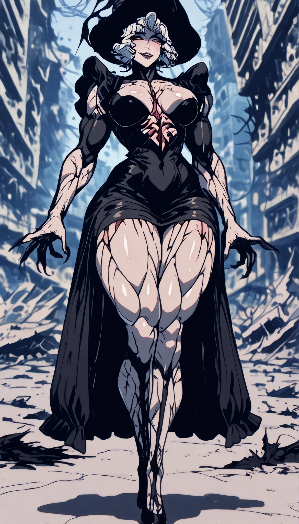 High Quality, masterpiece, super high resolution bewitching female monster girl, Confident Expression, half-open lips, Glamorous Eyes, Mysterious Smile, supple body line, Soft Focus Effect, Flushed skin, Glamorous Expression, 色っぽいhalf-open lips, Fractured Chest, gaze effect concentrating on the chest, thick muscular thighs, thin waist, curvy hips, thicc woman, destroyed city in background, wearing black dress, full body, medium breasts