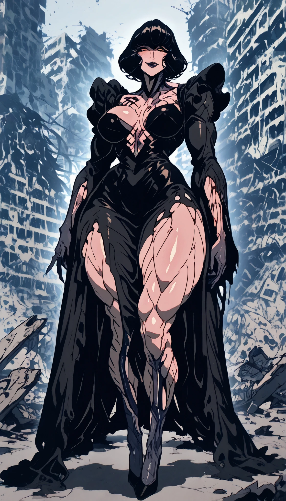 High Quality, masterpiece, super high resolution bewitching female monster girl, Confident Expression, half-open lips, Glamorous Eyes, Mysterious Smile, supple body line, Soft Focus Effect, Flushed skin, Glamorous Expression, 色っぽいhalf-open lips, Fractured Chest, gaze effect concentrating on the chest, thick muscular thighs, thin waist, curvy hips, thicc woman, destroyed city in background, wearing black dress, full body, medium breasts 