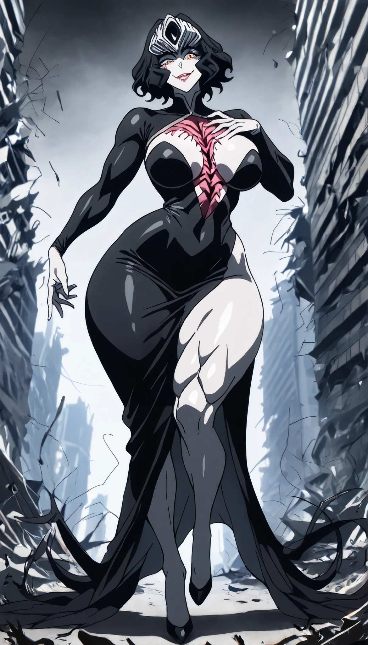 High Quality, masterpiece, super high resolution bewitching female monster girl, Confident Expression, half-open lips, Glamorous Eyes, Mysterious Smile, supple body line, Soft Focus Effect, Flushed skin, Glamorous Expression, 色っぽいhalf-open lips, Fractured Chest, gaze effect concentrating on the chest, thick muscular thighs, thin waist, curvy hips, thicc woman, destroyed city in background, wearing black dress, full body, medium breasts