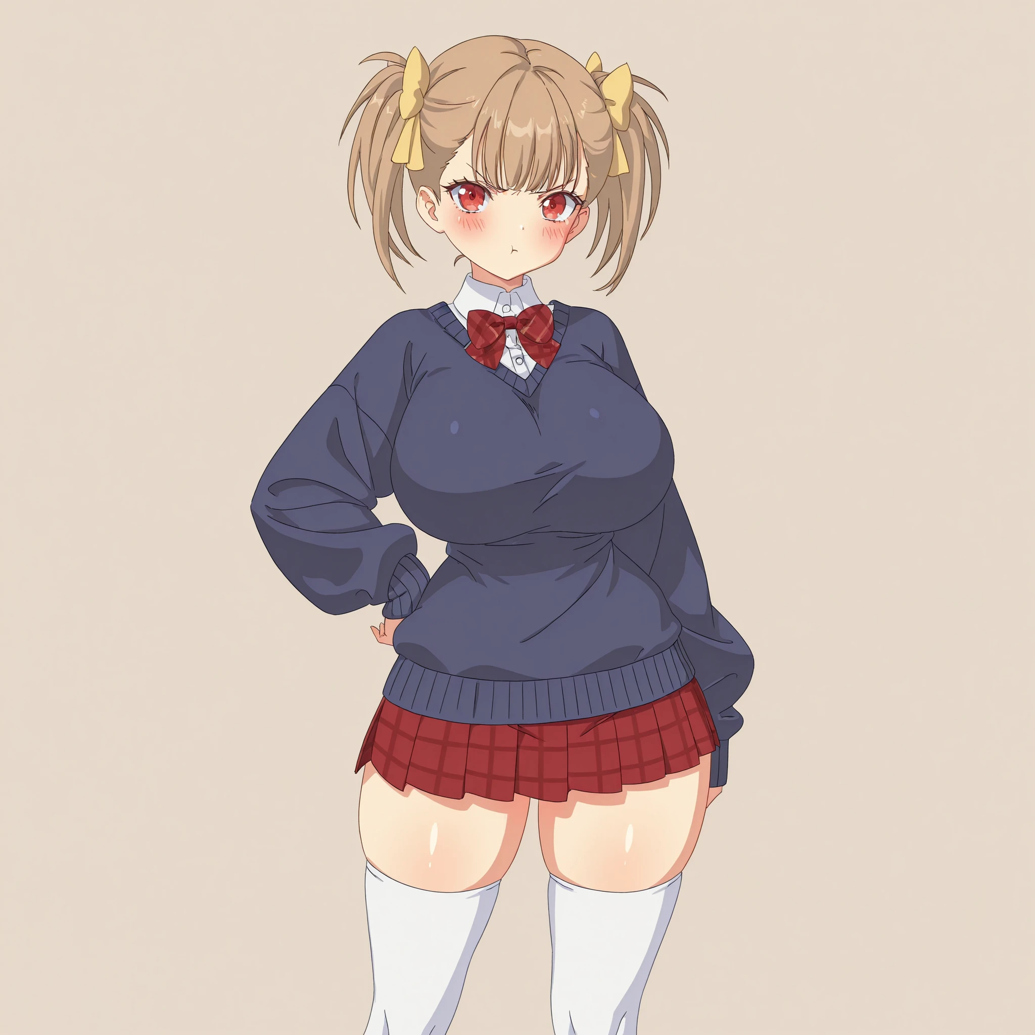 masterpiece, ultra-HD, impressionism, high detail, best quality, very aesthetic, 8K, best quality, beautiful, ultra-high resolution, 32K UHD, sharp focus, 1girl, solo, Rumi, short hair, light brown hair, twin pigtails, middle bangs, straight hair, hair ribbons, yellow ribbons, red eyes, eyelashes, , narrow waist, wide , thick thighs, shapely legs, slim, white buttoned shirt, shirt collar, red plaid bowtie, navy blue sweater, baggy sweater, red plaid pleated skirt, white thigh high socks, blush, angry, pout, cute, hand on , standing, looking at viewer, simple background, front view