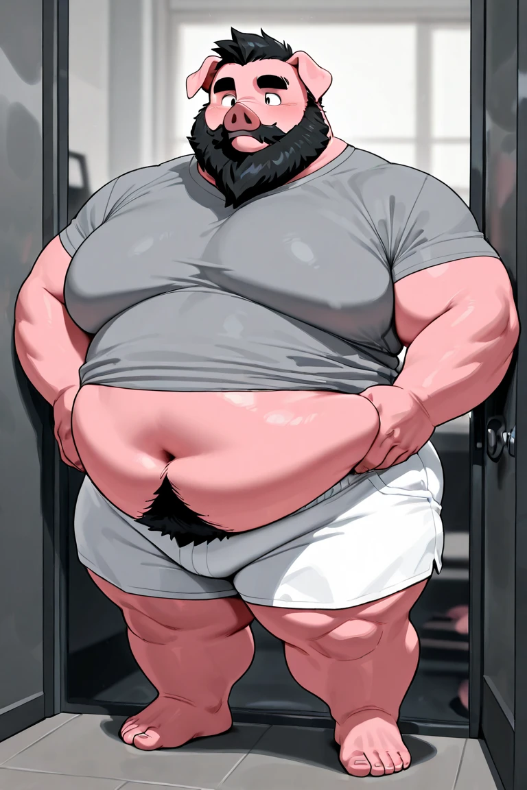 ​masterpiece,top-quality, in 8K, A fat manNaked, , stretch and relax, nerdy, short legs, Bowleg, (fatness: 1.0), Blushing and relaxed fat man, looks sleepy,  belly,  legs, Shirtless, Glasses, thinning hair, Man with big face, Round face, Wet body, steams,wanking