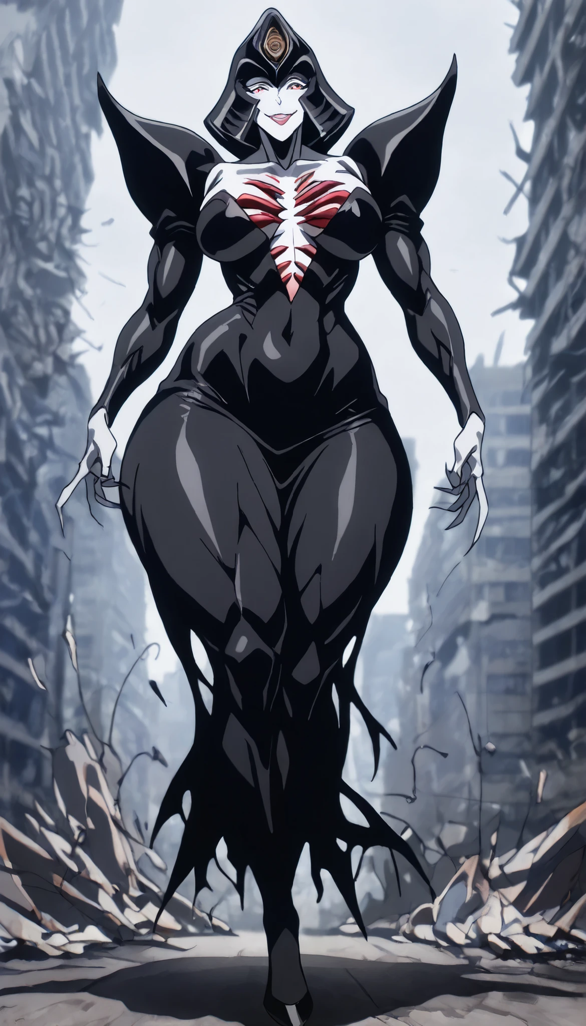 High Quality, masterpiece, super high resolution bewitching female monster girl, Confident Expression, half-open lips, Glamorous Eyes, Mysterious Smile, supple body line, Soft Focus Effect, Flushed skin, Glamorous Expression, 色っぽいhalf-open lips, Fractured Chest, gaze effect concentrating on the chest, thick muscular thighs, thin waist, curvy hips, thicc woman, destroyed city in background, wearing black dress, full body, medium breasts