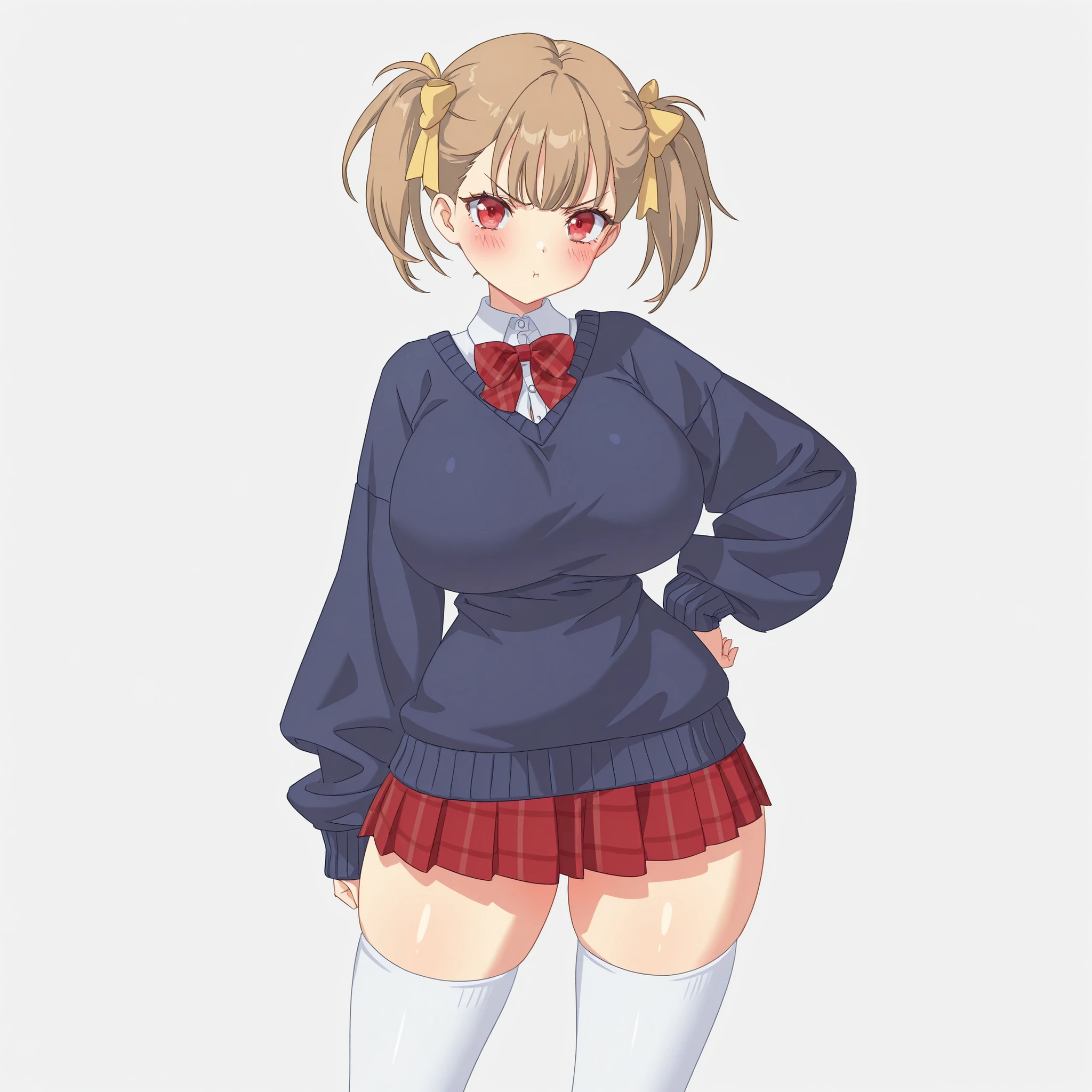 masterpiece, ultra-HD, impressionism, high detail, best quality, very aesthetic, 8K, best quality, beautiful, ultra-high resolution, 32K UHD, sharp focus, 1girl, solo, Rumi, short hair, light brown hair, twin pigtails, middle bangs, straight hair, hair ribbons, yellow ribbons, red eyes, eyelashes, , narrow waist, wide , thick thighs, shapely legs, slim, white buttoned shirt, shirt collar, red plaid bowtie, navy blue sweater, baggy sweater, red plaid pleated skirt, white thigh high socks, blush, angry, pout, cute, hand on , standing, looking at viewer, simple background, front view