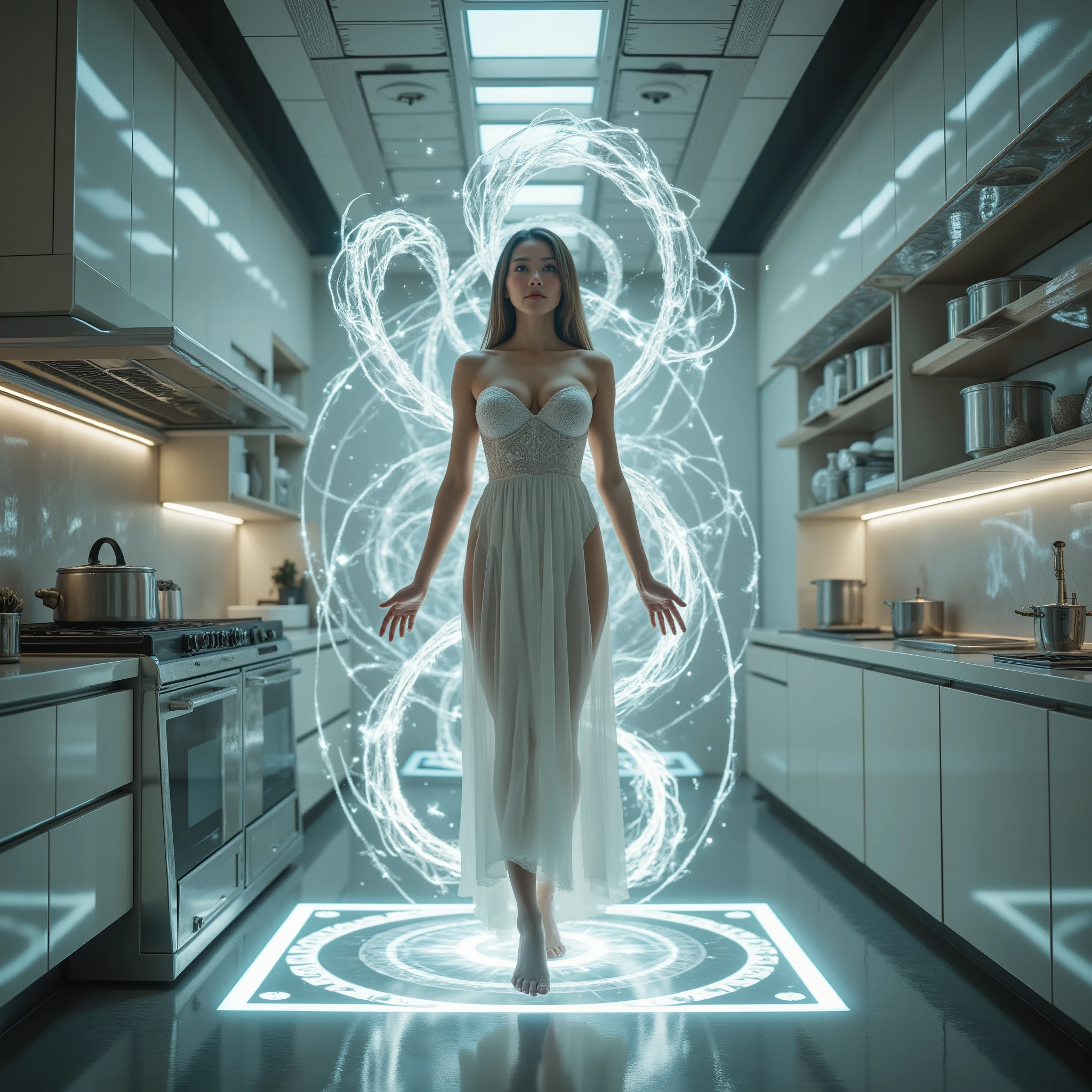 big breasts, detailed hands, the newest high-tech kitchen。where subtle light distortions and particulate spirits dance。In the center of it、It's natural for her whole body The seal that is supposed to be a “bill”。dramatic cinematic composition、spectacular effects like the climax of a Hollywood movie {x} Surrounding kitchen equipment and transparent displays respond to that energy {x} and are wrapped around as a luminescent chain that emits light as if ancient magic and nanotechnology are fused、futuristic design where white and metal shine。has a geometric pattern、the light overflows as if pushing back the seal。

The goddess is graceful and majestic、the silver spirit fluctuates behind the eyes。the chain has a geometric pattern、a figure that combines human beauty and divinity。A sealed goddess is standing while basking in dazzling light、the light overflows。

floats in the air and suppresses her divine power、Strong contrast lighting、Magnificent and Mysterious 、super detailed、pulsates pale gold and blue light