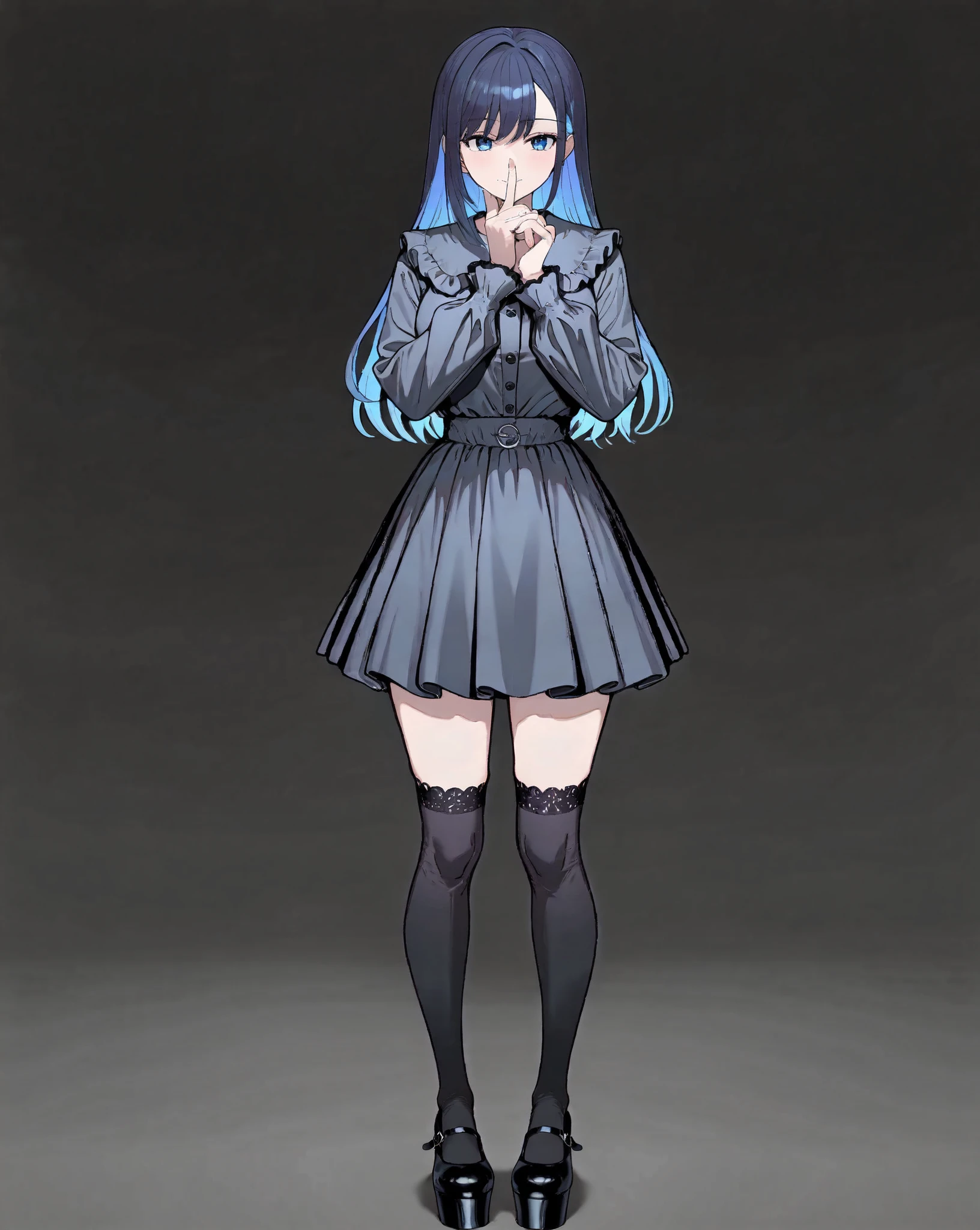 ((inspired by)),(((masterpiece)), ((best quality)),((ultra detail)),), beautiful-woman, ((detailed face)),((detailed body)),(full body:1.3)., 
finger repair,Finger optimization,complete repair,full body, perfect body, perfect , body shine, beautiful body, perfect , perfect ,,, 
,.

1-woman
(The woman is wearing jirai-kei fashion).(platform footwear). ,(frilled lace-socks:1.2),(colored inner hair),(colored tips),large 。

The woman is wearing jirai-kei fashion; Soft pastel pink long-sleeve mini dress with black contrast details: fitted black Peter Pan collar with scalloped edge; black lace inset panels at shoulders; cascading pink ruffle tiers across  and upper arms; billowy sleeves gathered into wide black ribbed cuffs; flared A-line skirt with clean hem; black sheer lace knee-high socks with ruffled lace tops; proposed black patent leather platform Mary Jane shoes with single buckle strap and rounded toeshigh-waist ivory A-line skirt featuring asymmetrical gold-tone button closure on the waistband and gentle flare hem; white ankle lace-socks with subtle ribbed texture; black patent leather platform lace-up shoes with chunky block heels,