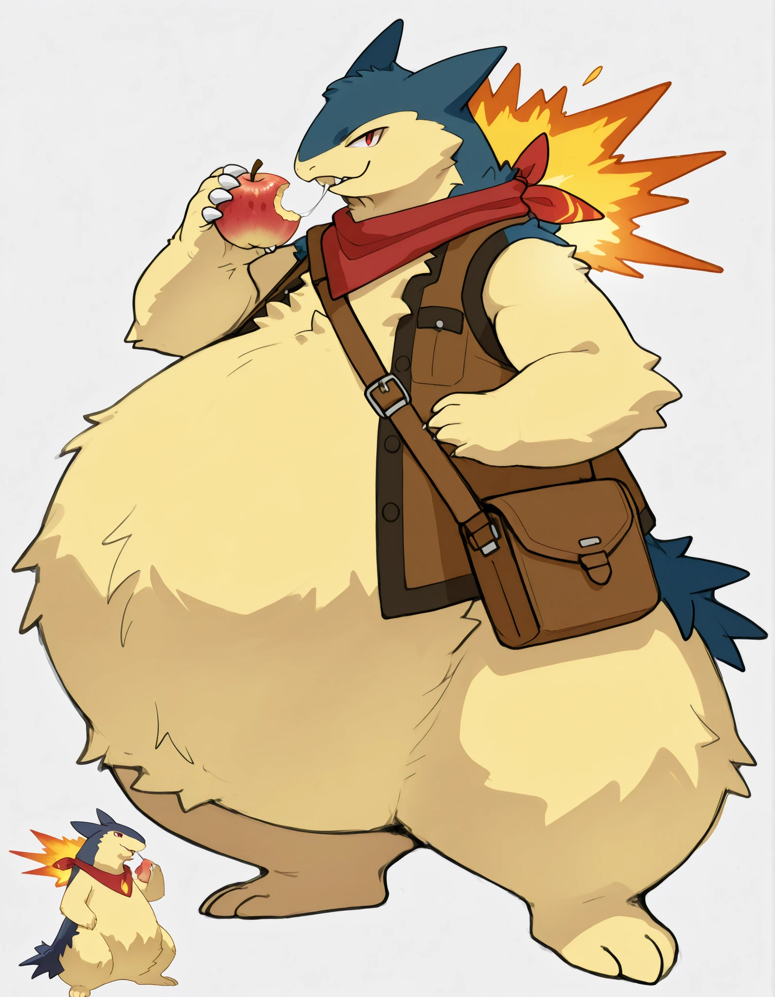 full body, furry typhlosion, wide bottom, heavy bottom, wided legs, long digitigrade leg, giant pearshape body, no nipple,detailed face,4k ultfigurelity, (4k half body view:1.0),(detailed face),ultra high detailed body,feral typhlosion,enormous body,(smaller head),(enomorous body),(gigantic body),belts,bags,(unbuttoned brown vest),belly overhang,cartoon style,(sketch style),side view,light color,macro,giga,in wield,red scarf,messenger bag,eating fruit,bag full of fruits