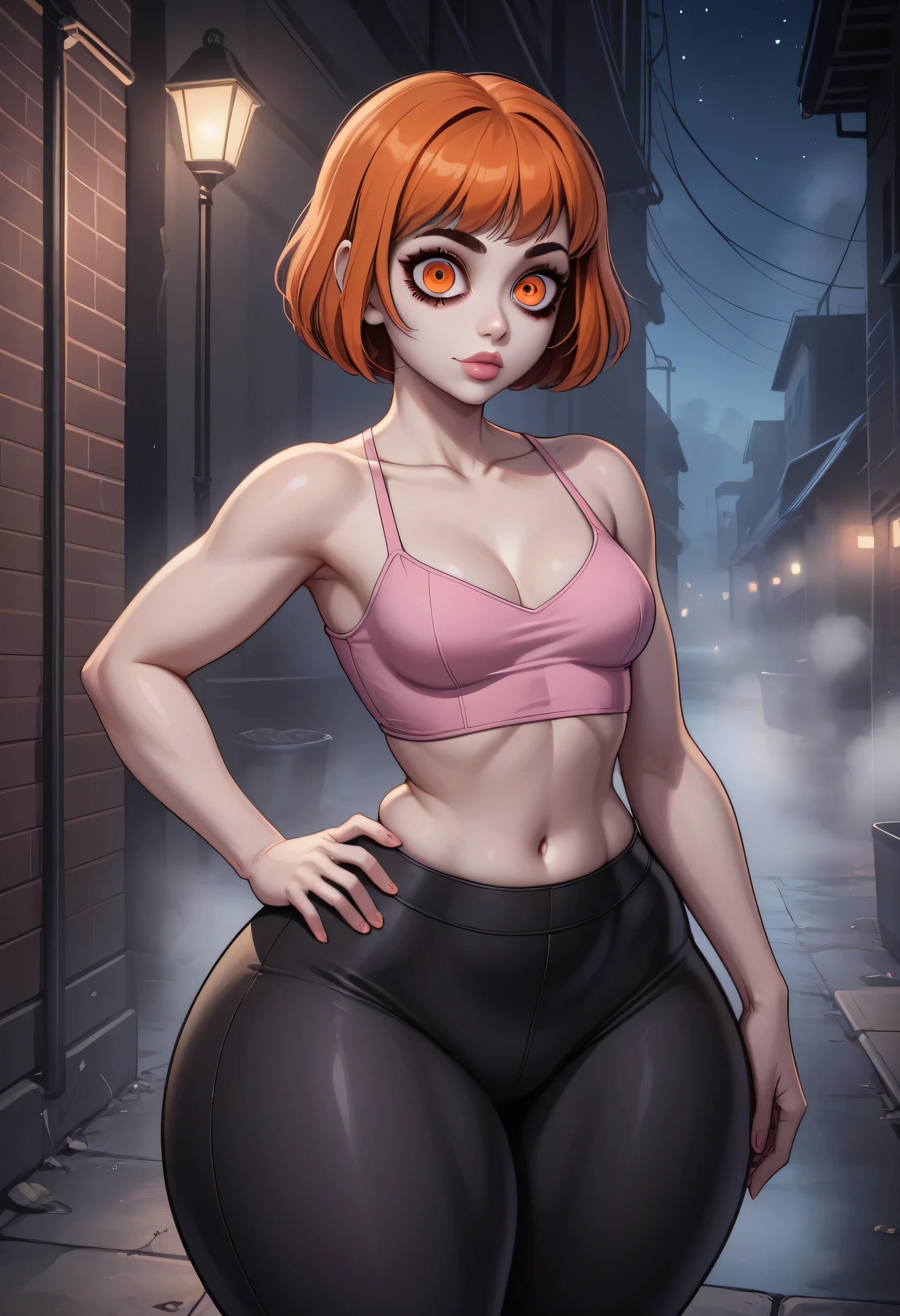 Perfect Face, Perfect Body, Orange Hair, Short Hair, Brown Thin Eyebrows, Orange Eyes, Lips Without Makeup, Collarbone, (Cleavage, Perfect Cleavage), (Small Breasts, Perfect Breasts), (Small Waist, Normal Midriff), (Pink Crop Top), Navel, Standing, (Thick Thighs:1.4), (Black Leggings), (Hand On Hip), (Night Sky, Dark Alley, Fog, Horror), (Face Fear, Big Eyes), Looking At Viewer, ((Dark))
