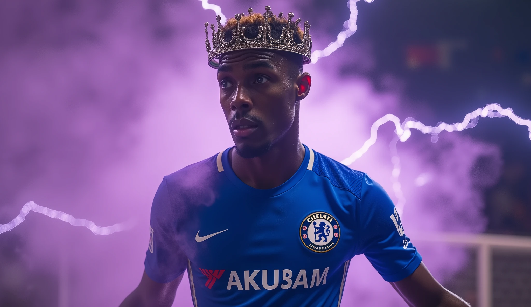 Man wearing his blue FC Chelsea jersey, name GOAT with number 10, with the FC Chelsea emblem behind, ((lavender energy, emanating black electrical energy,)) "A dynamic and electrifying thumbnail featuring Man in a powerful pose, (lightning in background: 1.2), (masterpiece:1.2, best quality), (exquisite eyes and exquisite face:1.3), (extremely detailed CG, super detailed, best shadows: 1.1), (8k UHD, SLR camera, soft lighting: 1.1), (Extremely Delicate: 1.1), (Perfect Details: 1.1), Profile, (((looking to viewer))), (((cinematic lighting))), (((glowing body, with fiery phtalo green:1.2))), (more colourful smoke:1.4), (((((dark brown hair with blonde highlights))))), (((he wears a kingcrown))), (Perfect hands, Perfect Anatomy), (exquisite eyes: 1.2),