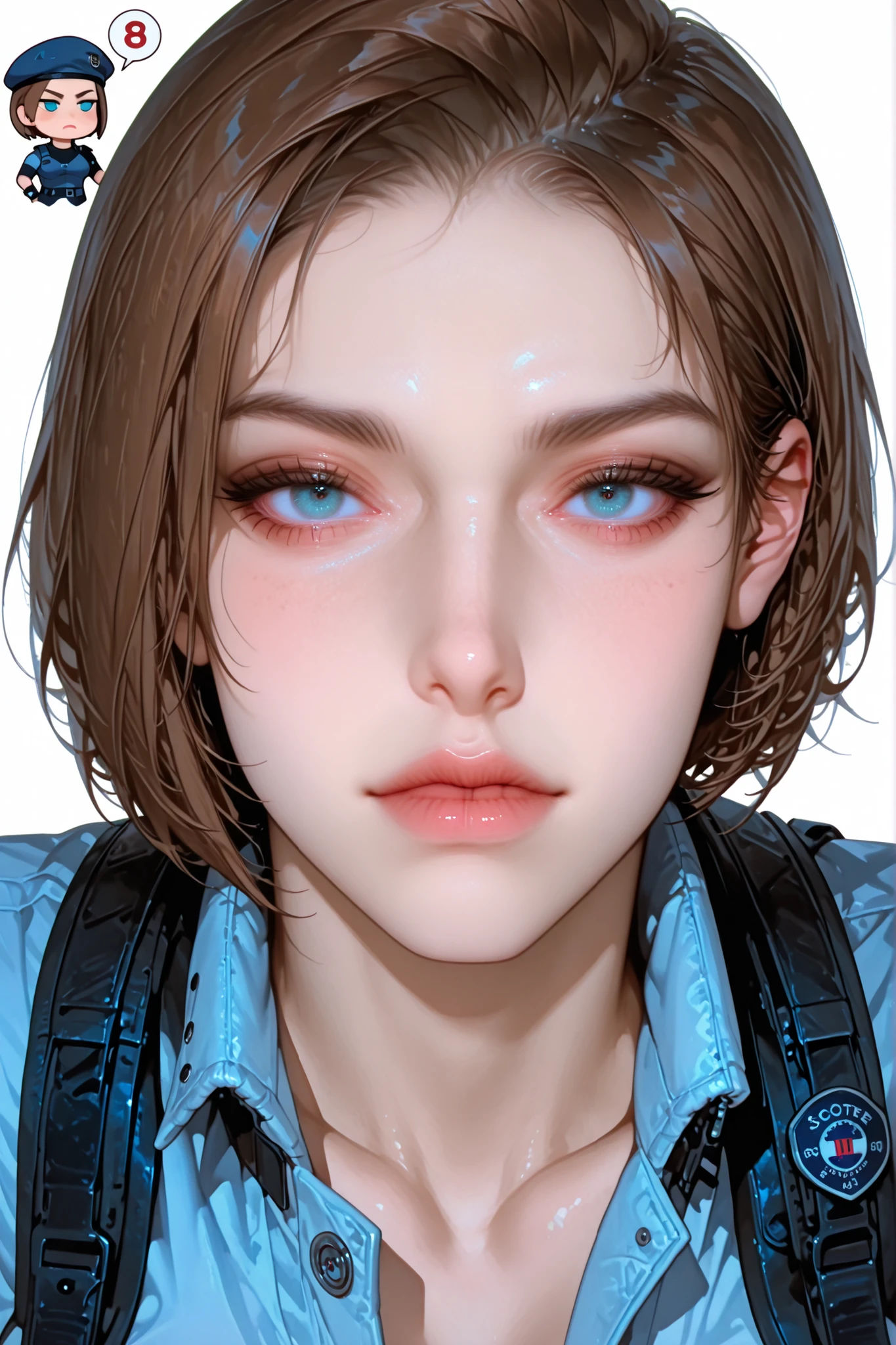  jillvalentineSDXL,score_9, score_8_up, score_8, Emote , high quality, high res , highly detailed face, white background, chibi (jill valentine)  ,  upper body close up,