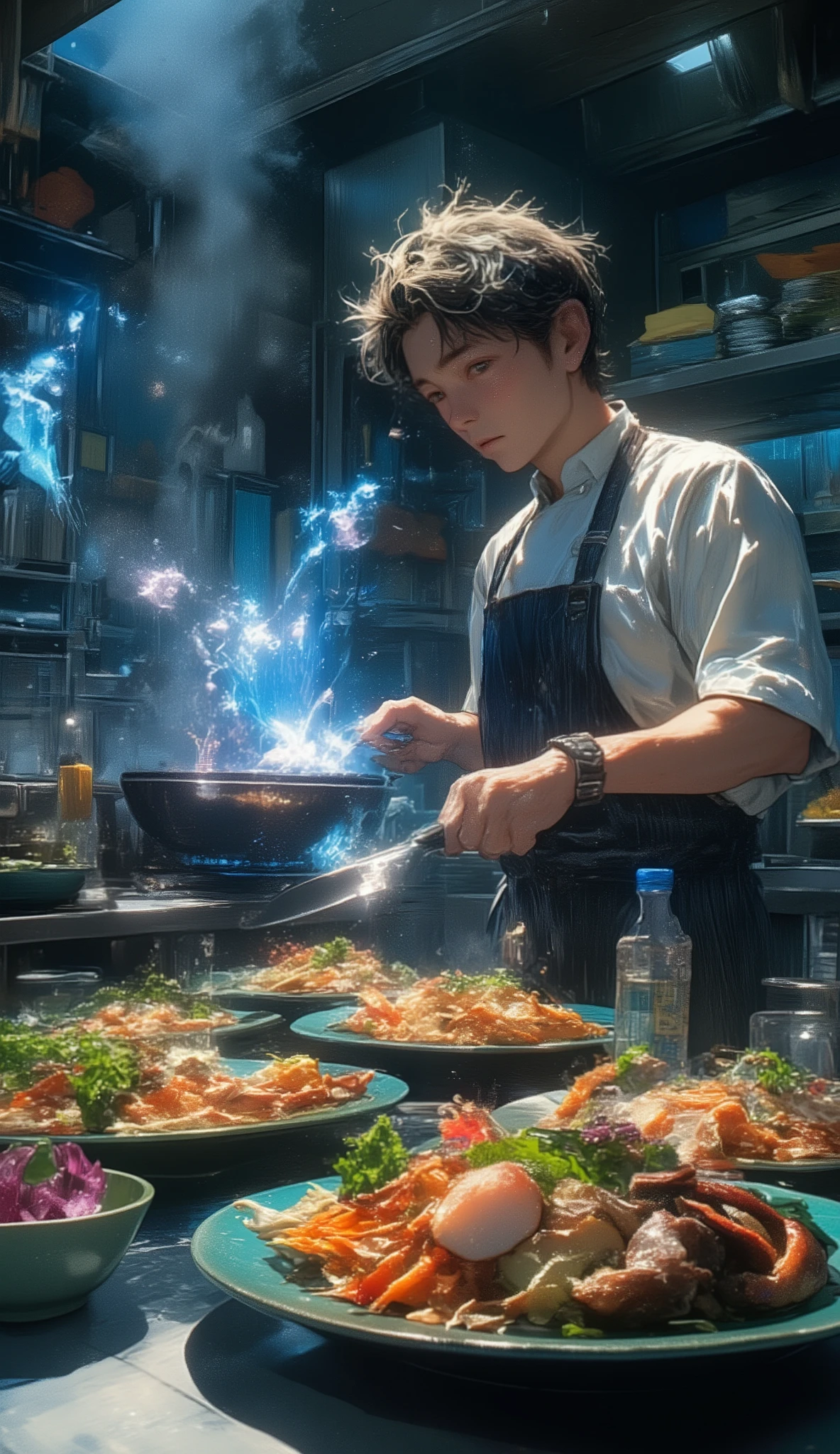 top quality, Food poet, stands in a retro diner's kitchen、middle-aged male chef with a plain appearance。has uncharacteristic facial features and body shape,、The surrounding air changes when his hands start moving。from the pot The steam that rises up changes to the shape of a dragon or bird、from the pan dancing。blue light streaks remain on the hand that wields a kitchen knife、small flowers of light bloom from cut ingredients。in contrast to his expressionless face、only shines passionately。on a plate arranged on the counter、the dishes are arranged as if they were in a scene from a story、they each give off a sense of life that pulsates slightly。The kitchen lights are normal fluorescent lights, but、A strange gradation of light is born only on top of his food、the original color of the ingredients looks surrealistically vivid。